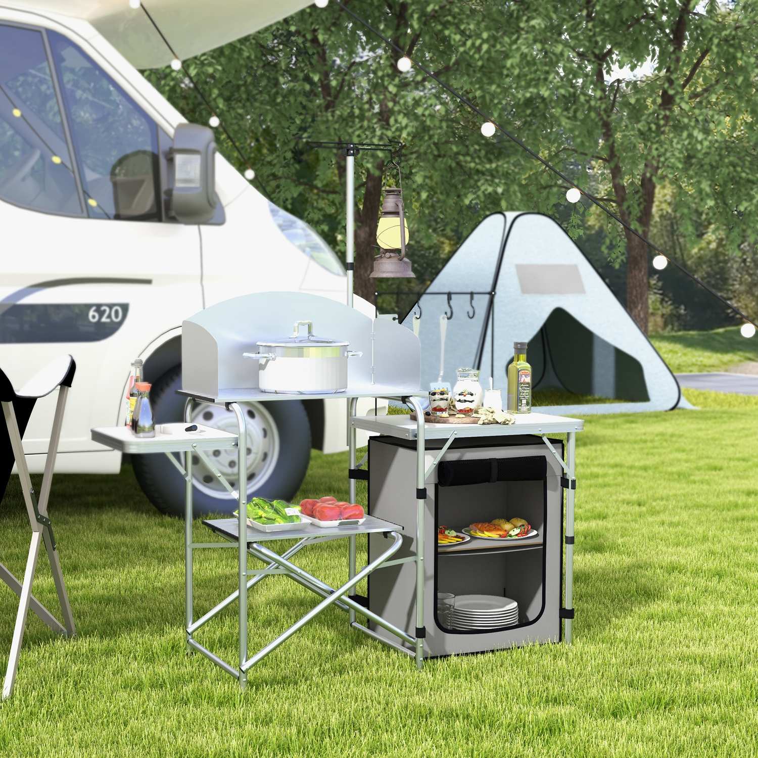 Utomhusfällbart campingkök med UV- och vindskydd