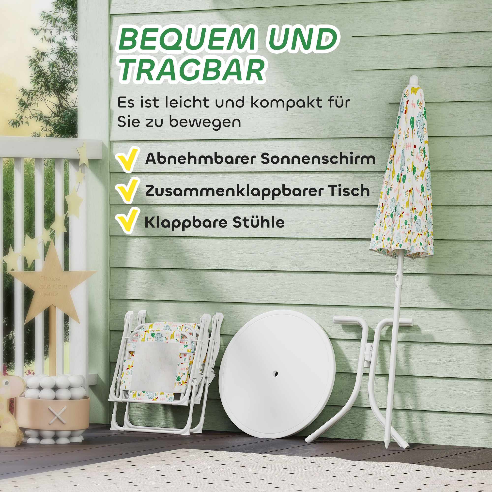 Hopfällbart barnbord med paraply, djurmotiv