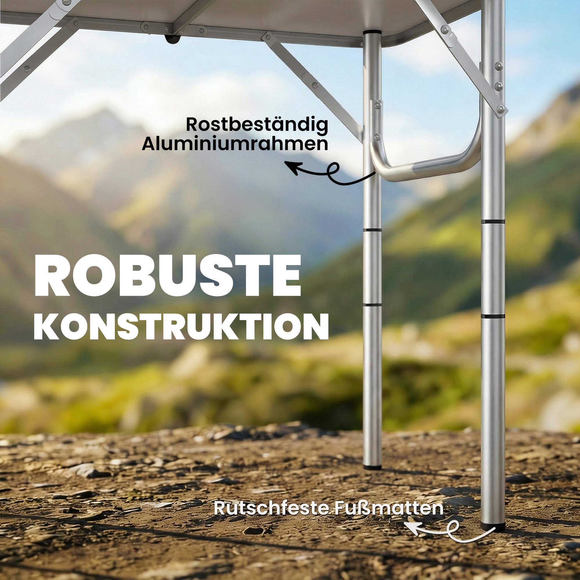 Hopfällbart campingbord med nät, justerbar höjd, aluminium