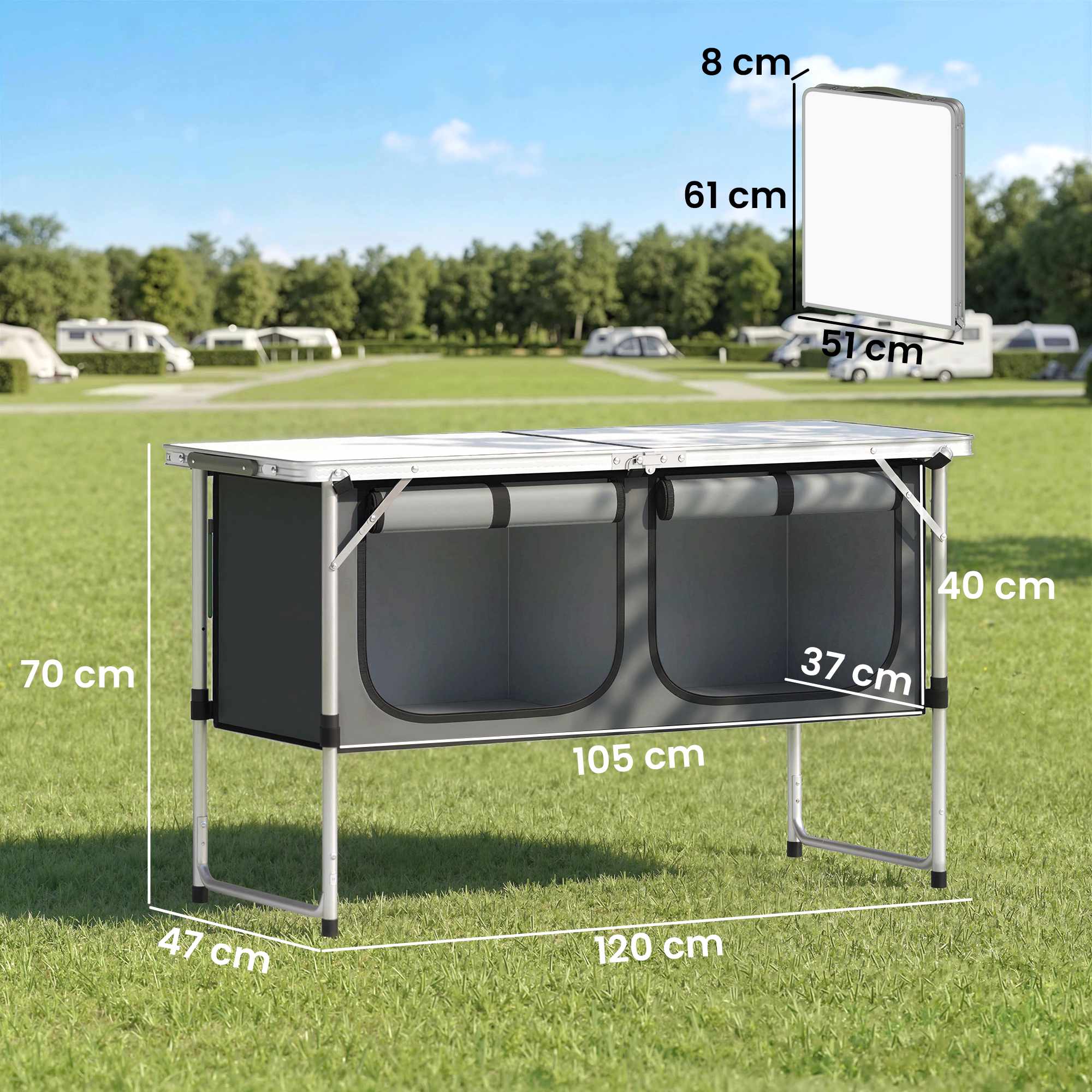 Hopfällbart campingkök med aluminiumram och förvaring