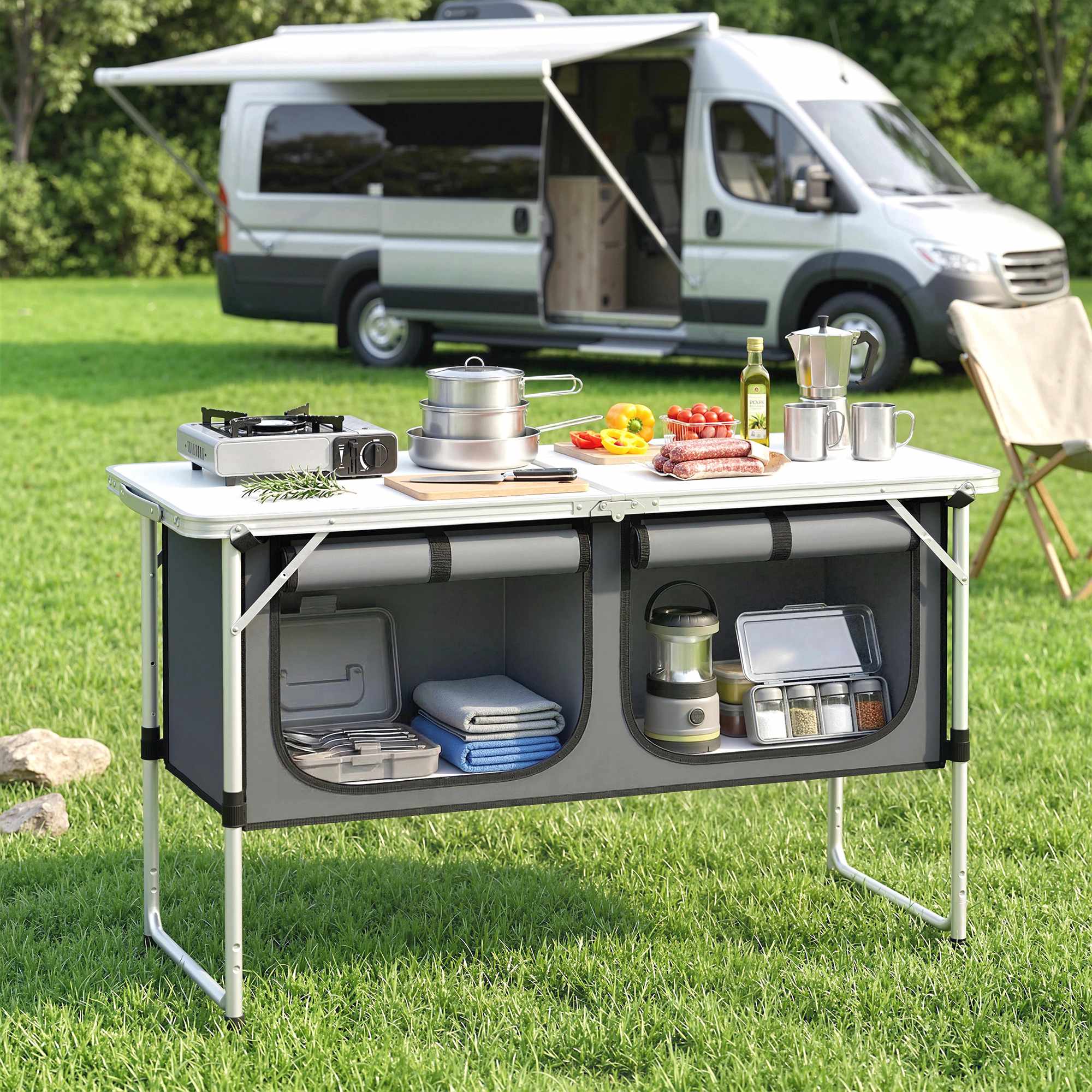 Hopfällbart campingkök med aluminiumram och förvaring