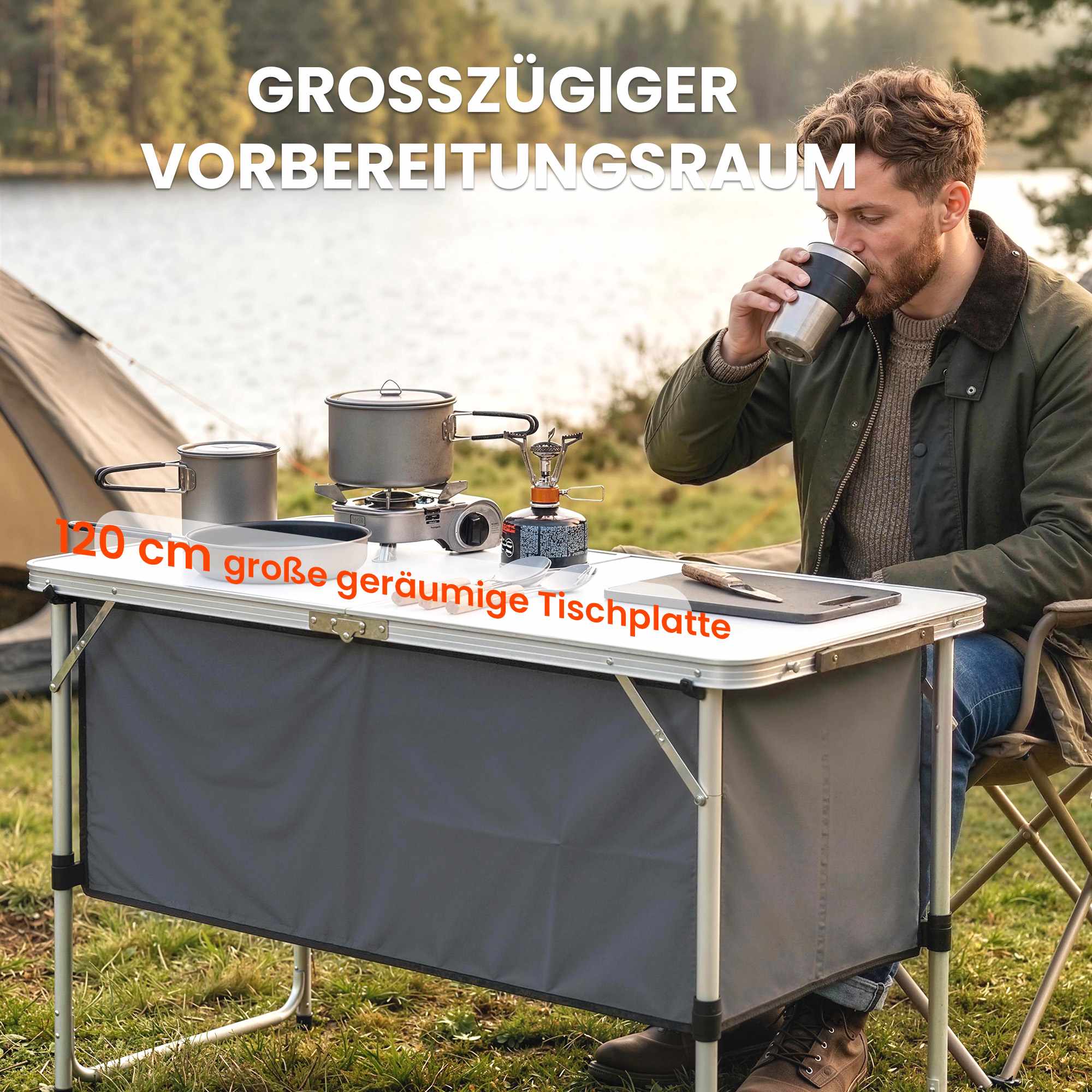Hopfällbart campingkök med aluminiumram och förvaring