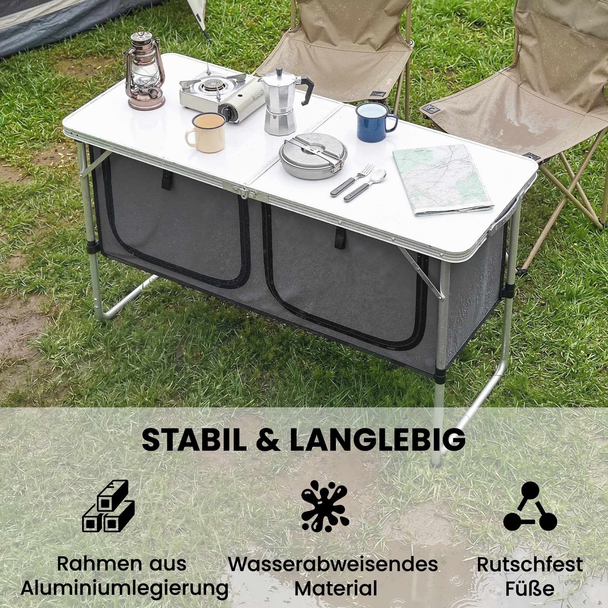 Hopfällbart campingkök med aluminiumram och förvaring