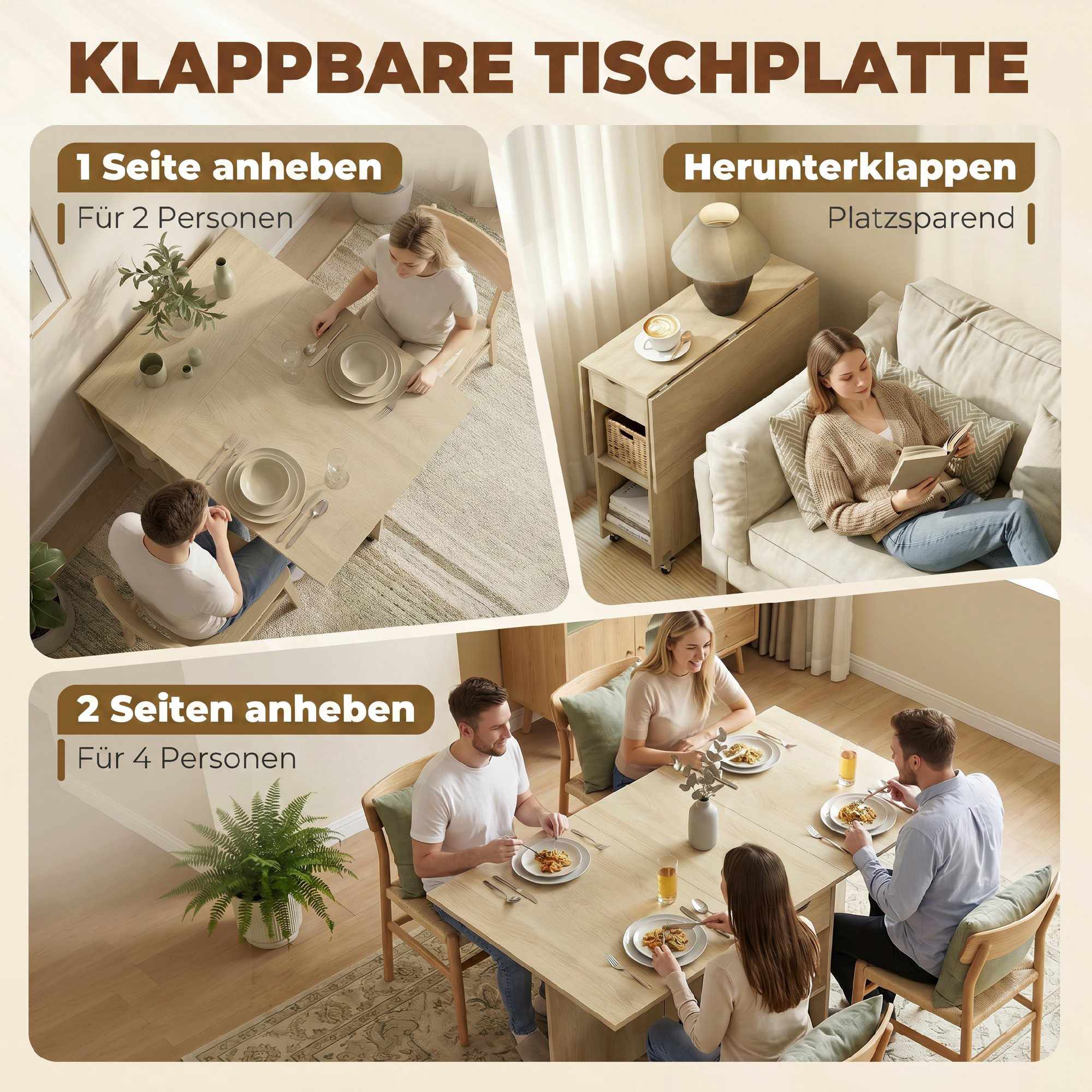 Hopfällbart matbord för 2-4 personer, rullande med låda, naturträ