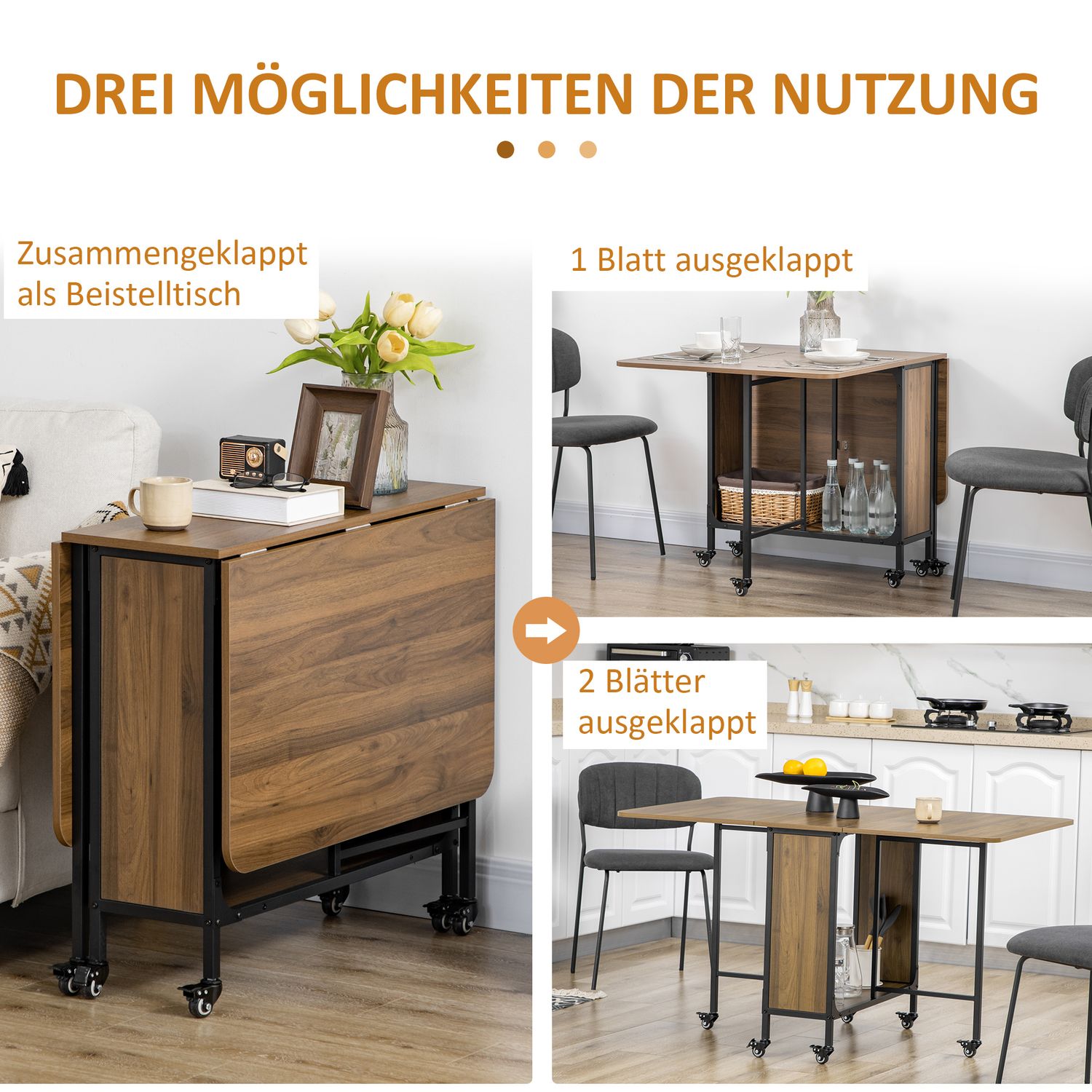 Hopfällbart matbord för 6, Kompakt & Mobilt, Ljusbrunt