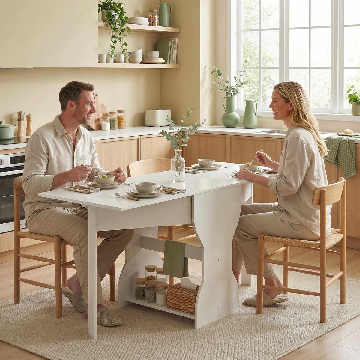 Sammenleggbart spisebord med oppbevaring, plass til 2–4 personer, hvitt, 160 x 60 x 75 cm