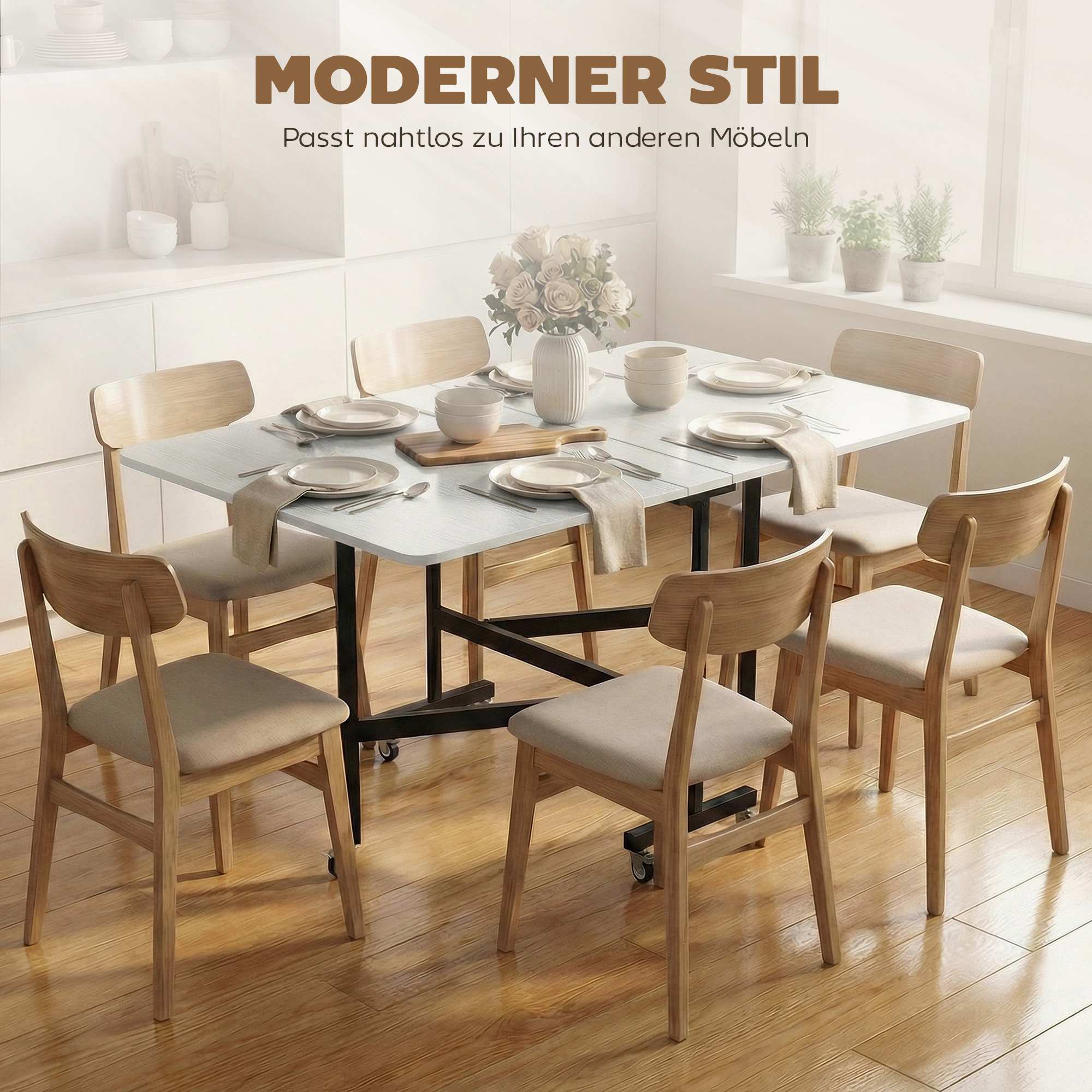 Hopfällbart matbord, plats för 6, stålram, vit