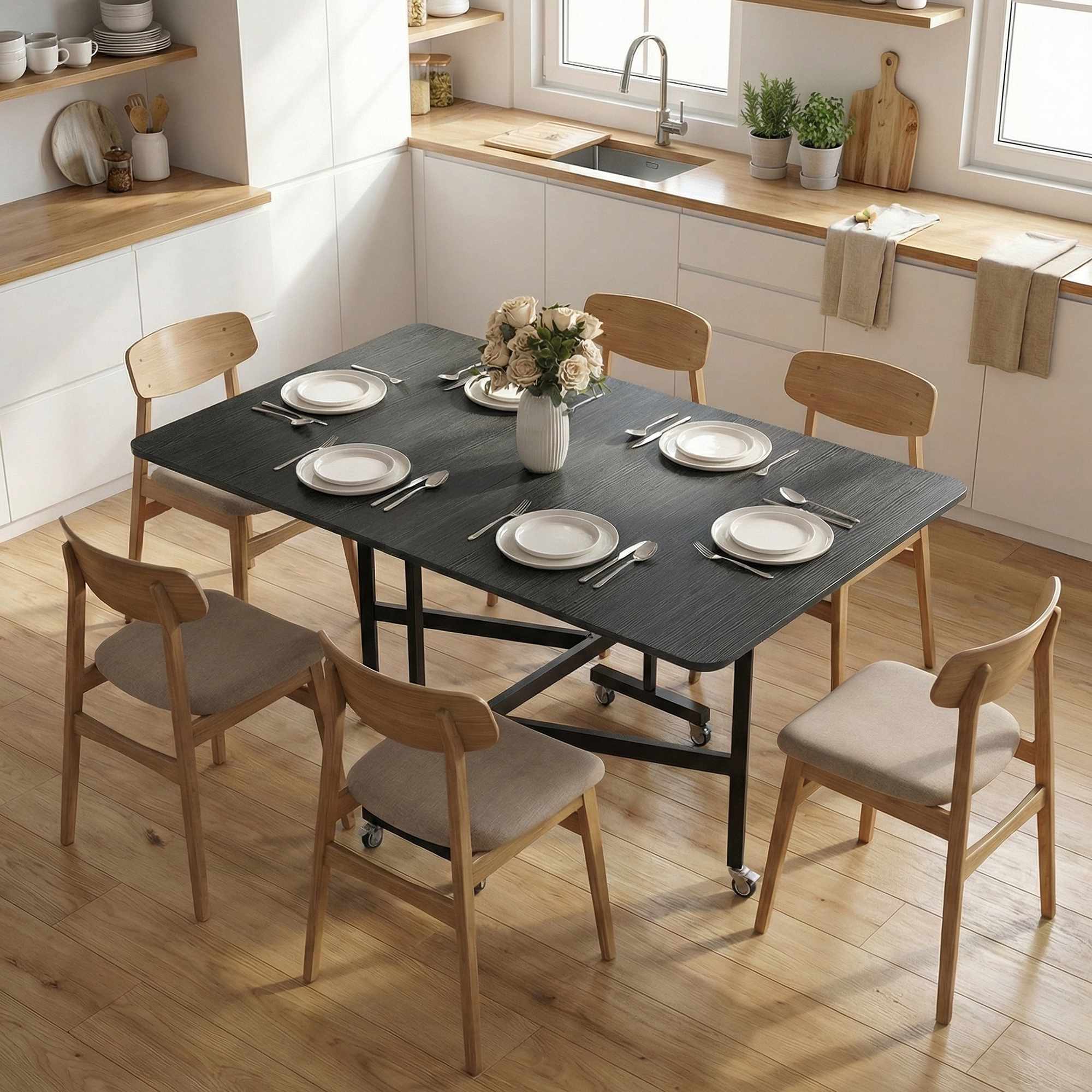 Hopfällbart matbord, plats för 6, svart stålram, platsbesparande