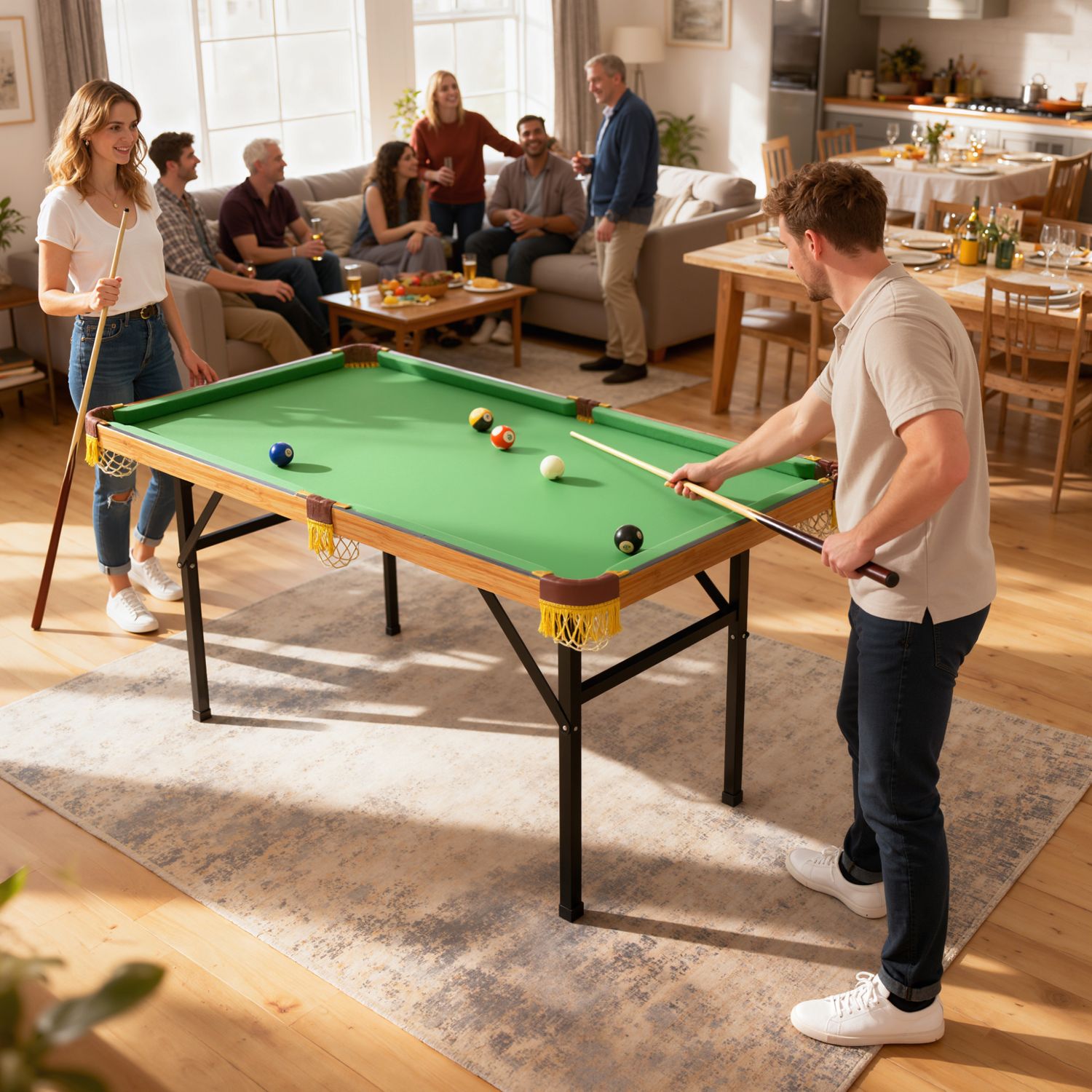 Hopfällbart minibiljardbord, 2 biljardköer, 16 bollar, grönt