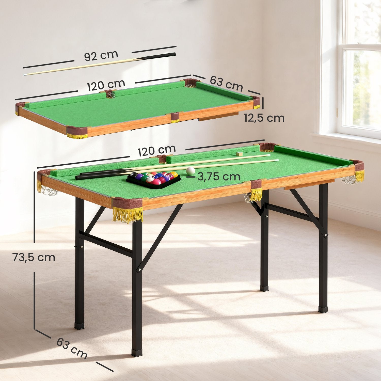 Hopfällbart minibiljardbord, 2 biljardköer, 16 bollar, grönt
