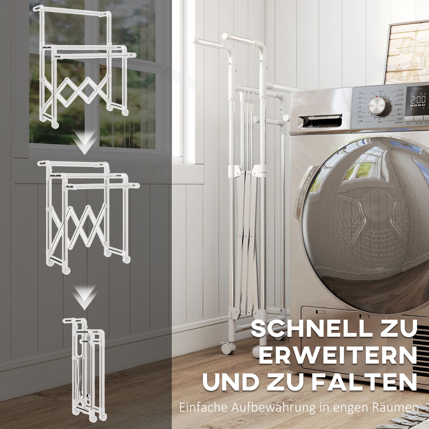 Hopfällbar torkställning för kläder, 3 justerbara stänger, rostfritt stål