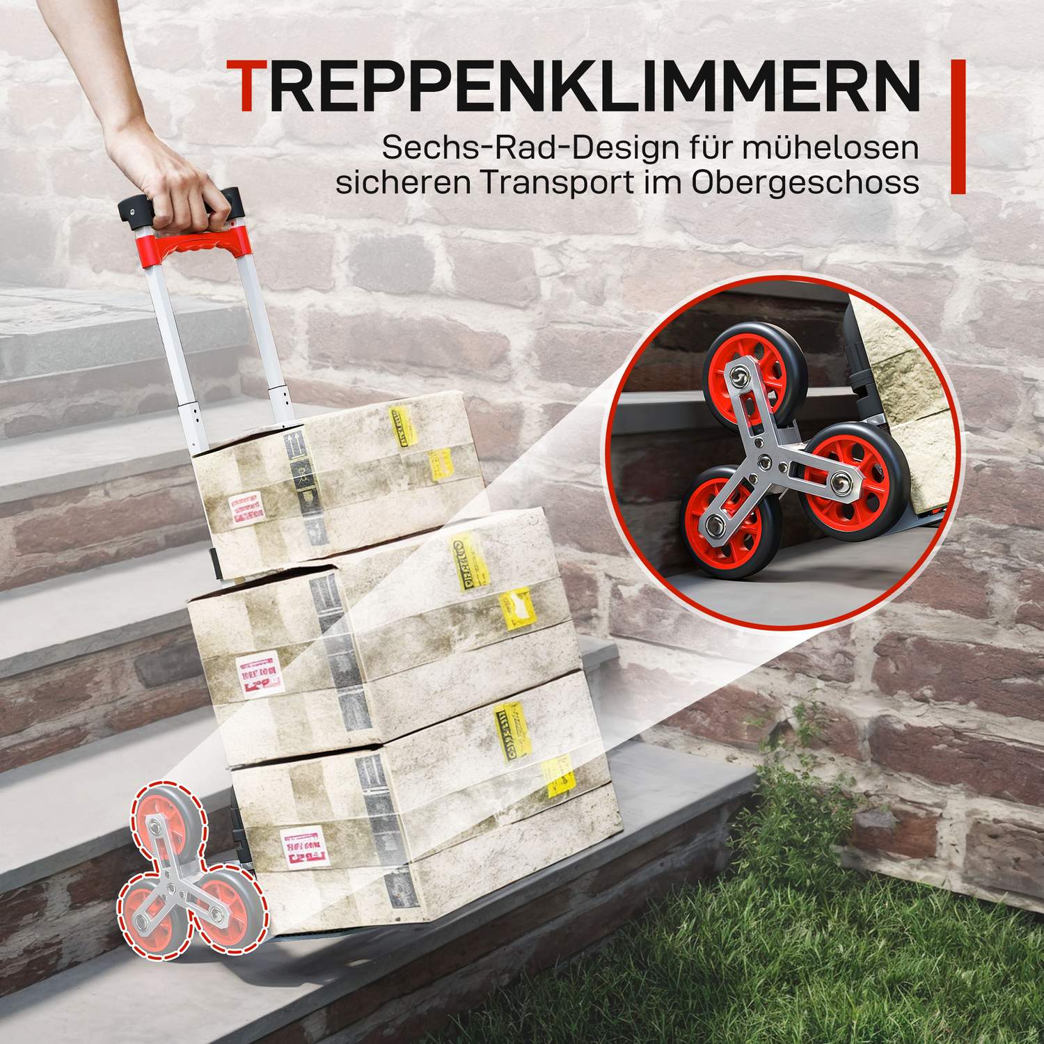 Hopfällbar trappvagn, 6 hjul, 70 kg kapacitet, röd