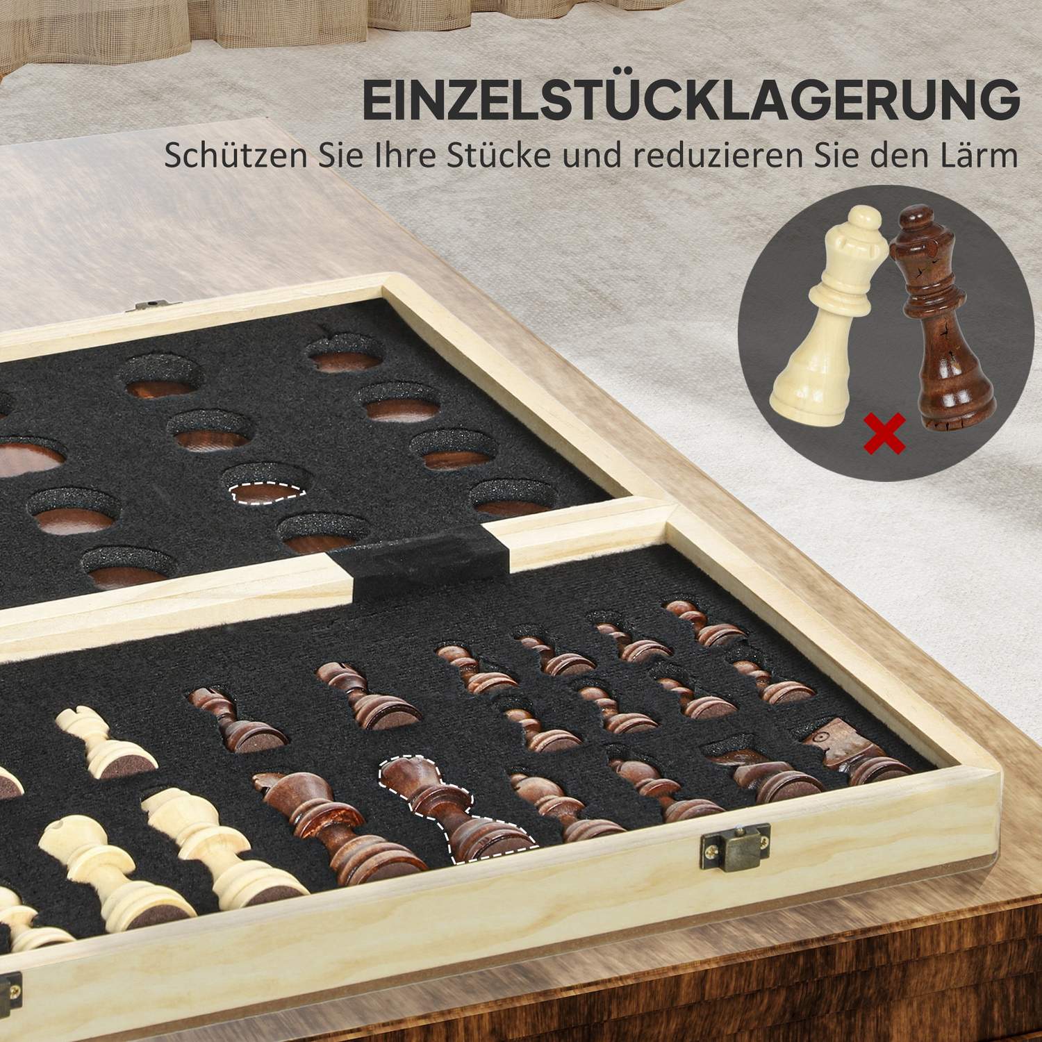 Hopfällbart schack- och dammspel, valnöt, kompakt fodral