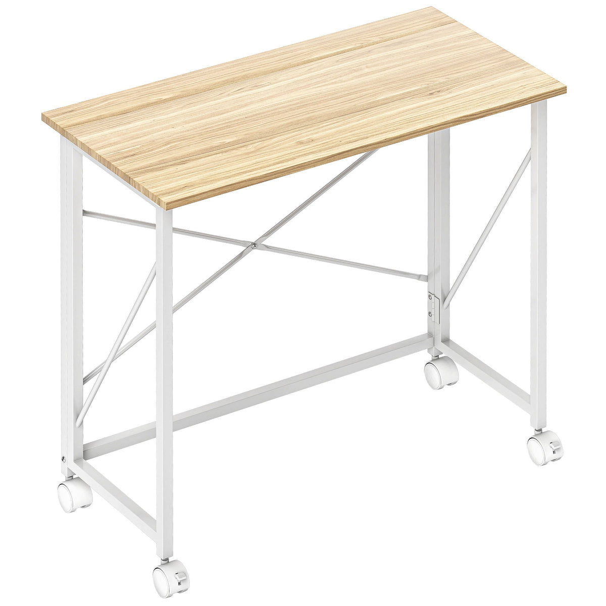 Sammenleggbart skrivebord med hjul, plassbesparende, stål og MDF, naturfarget