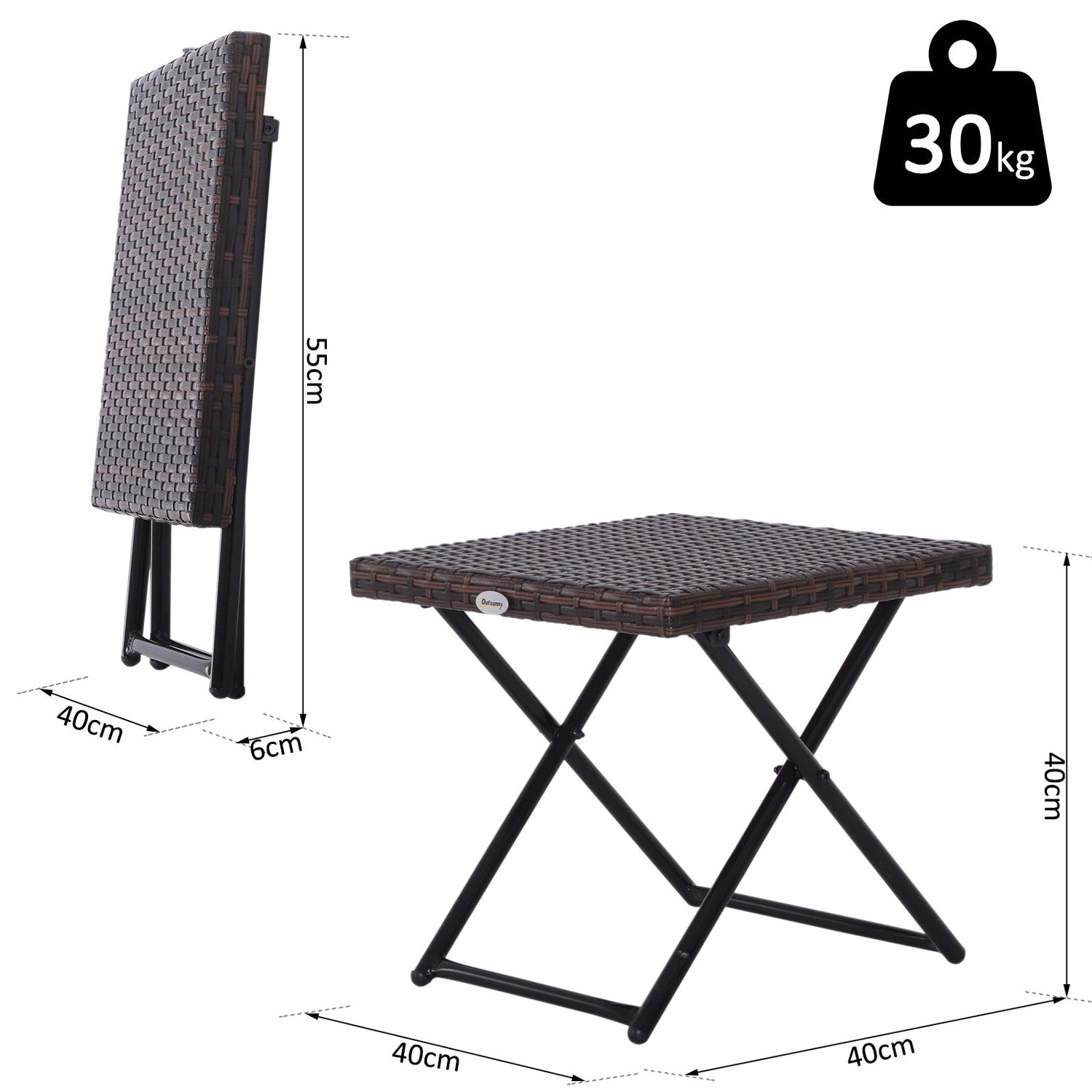 Hopfällbart trädgårdsbord i polyrattan – Brunt, 40x40x40 cm