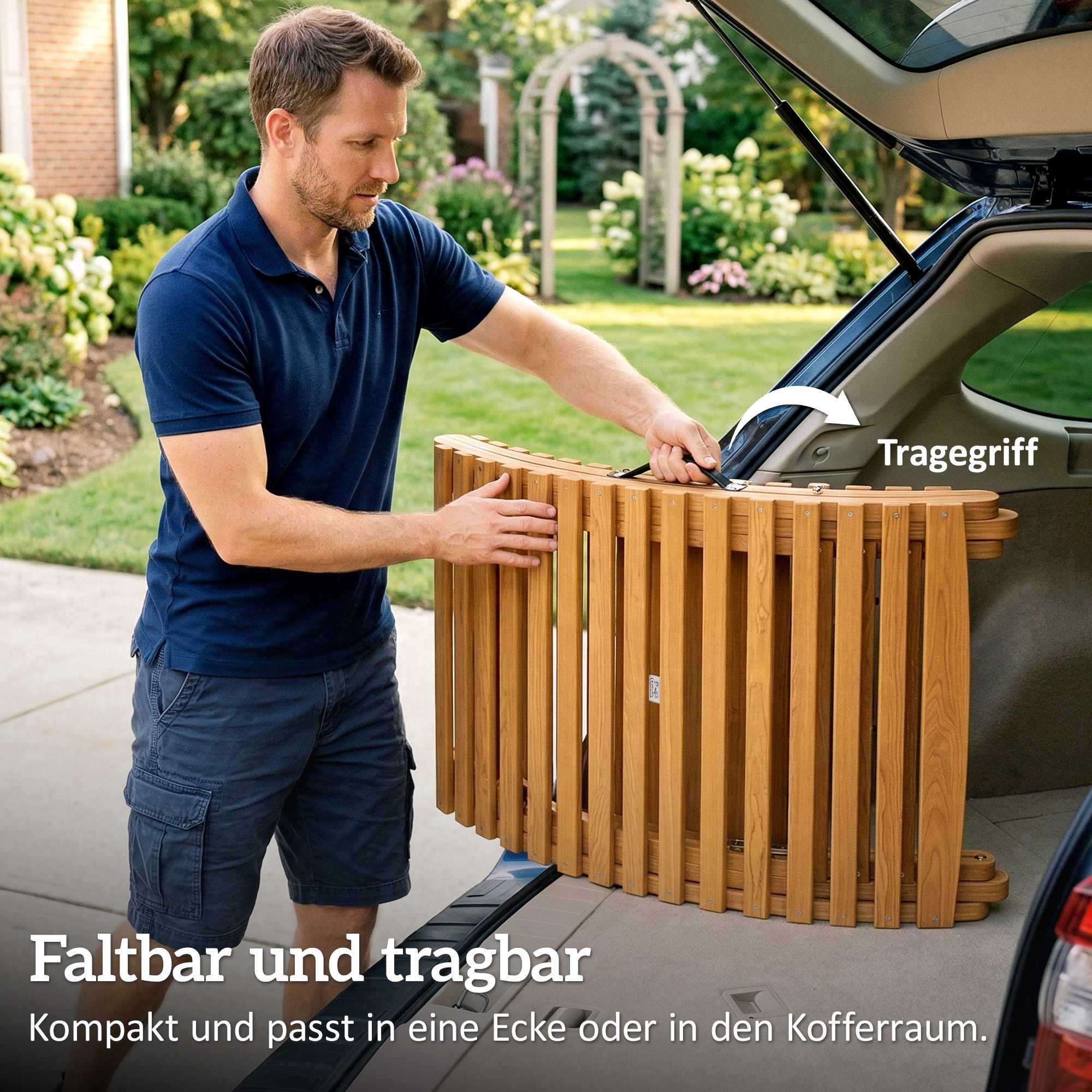 Hopfällbar väderbeständig solsäng i trä med dyna, beige