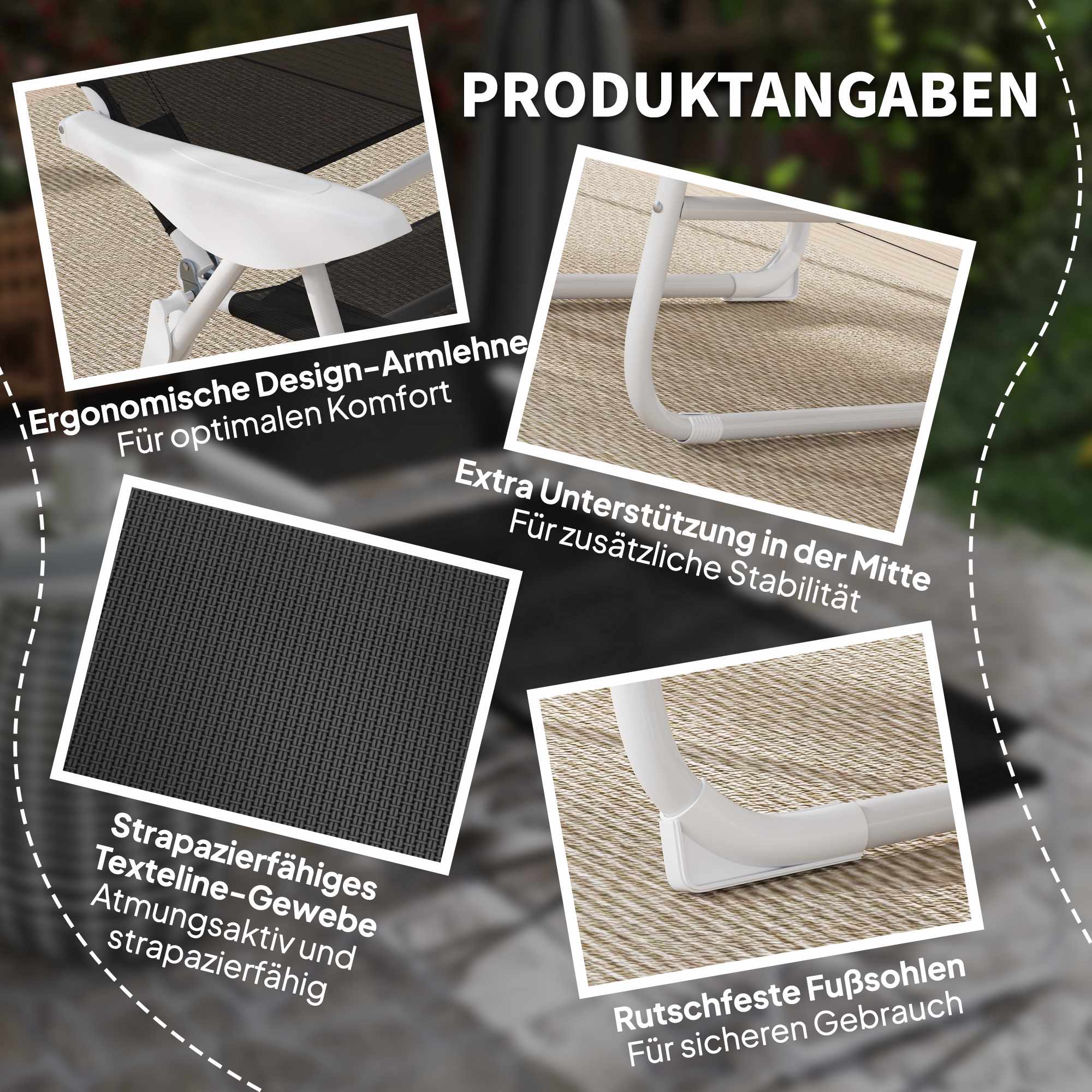 Hopfällbar väderbeständig trädgårdssängstol, justerbart ryggstöd