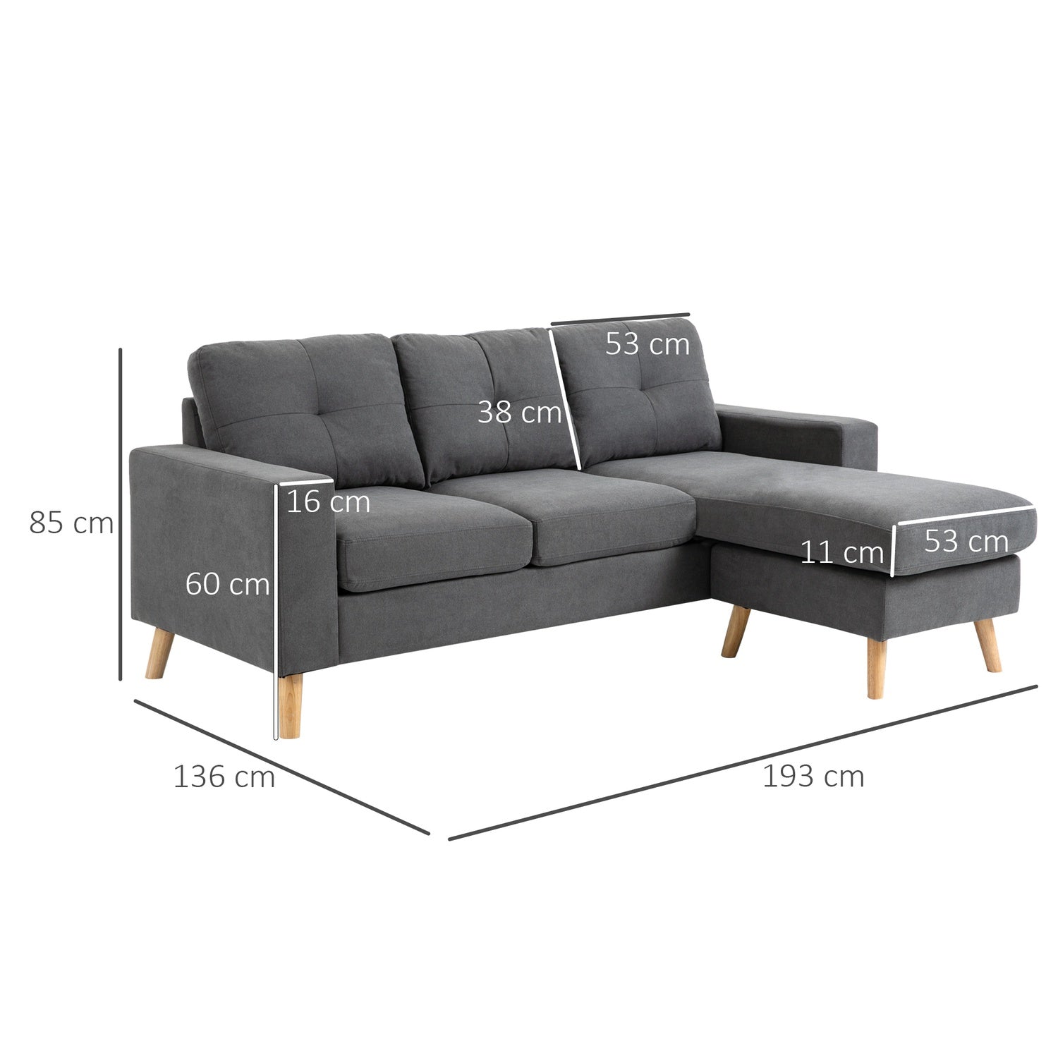 L-Shape grå hörnsoffa, linnelook, säten 3, 93X136X85 Cm