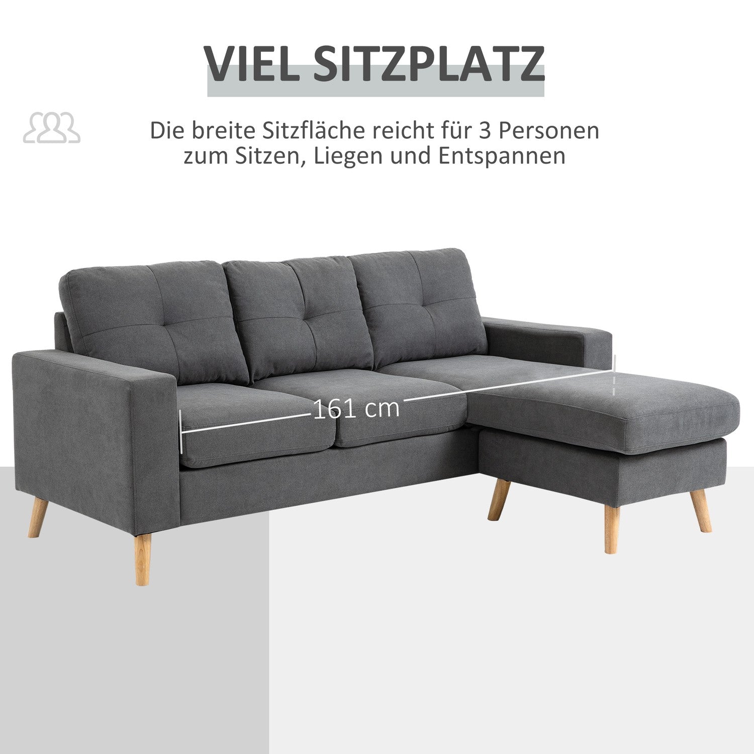 L-Shape grå hörnsoffa, linnelook, säten 3, 93X136X85 Cm