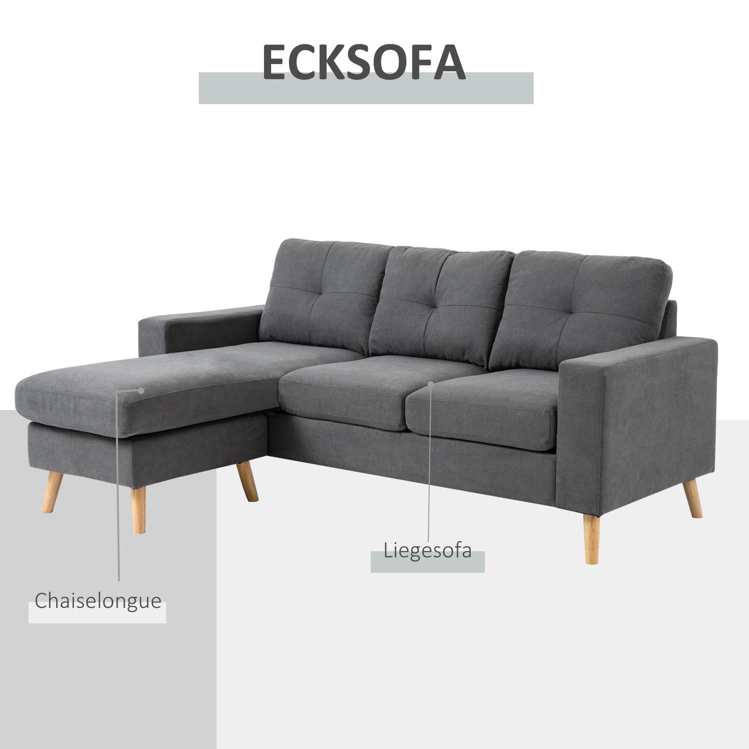 L-Shape grå hörnsoffa, linnelook, säten 3, 93X136X85 Cm