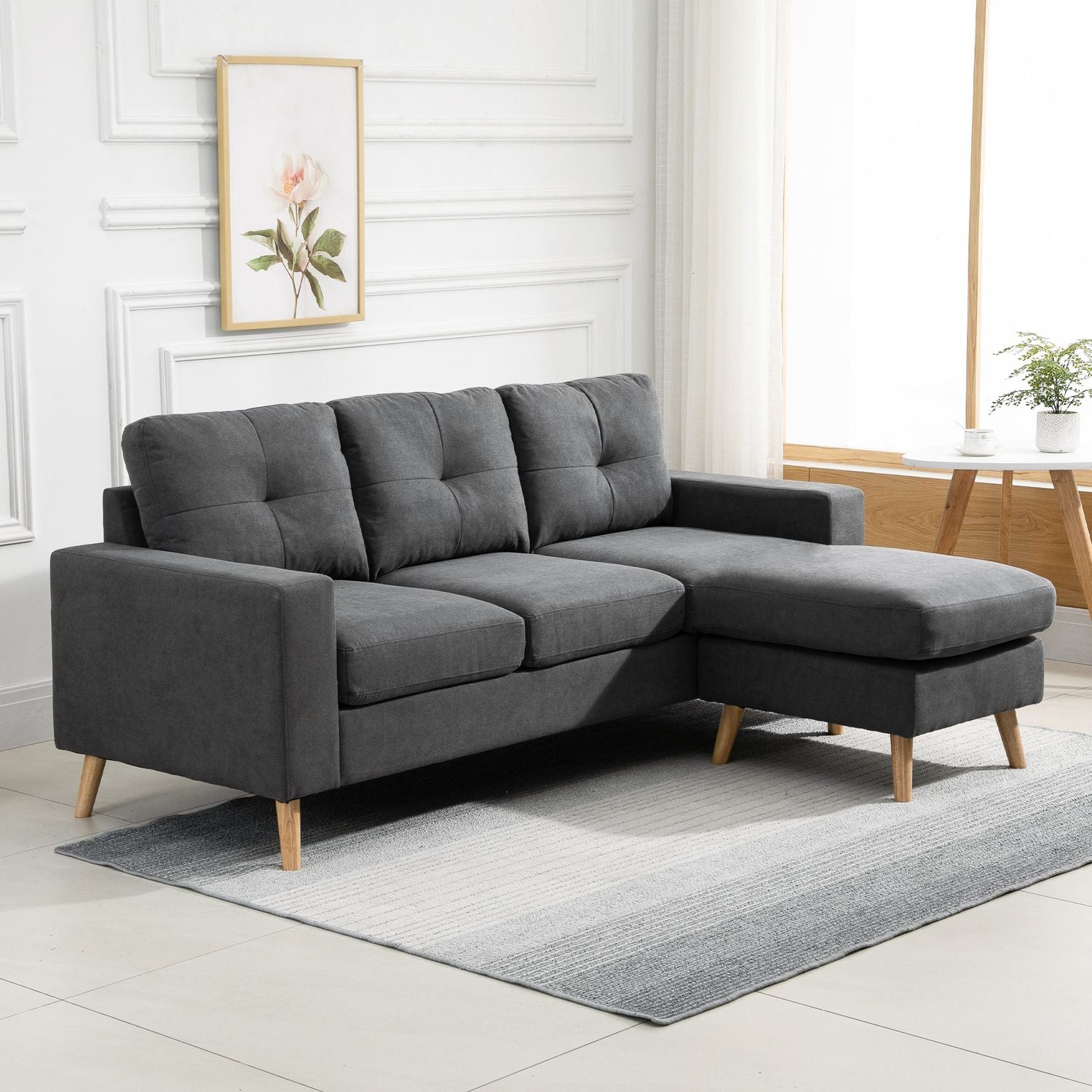L-Shape grå hörnsoffa, linnelook, säten 3, 93X136X85 Cm