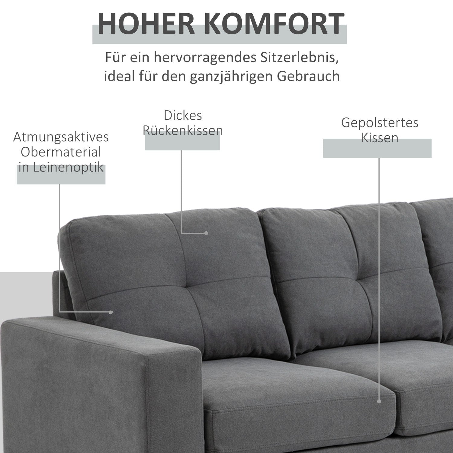 L-Shape grå hörnsoffa, linnelook, säten 3, 93X136X85 Cm