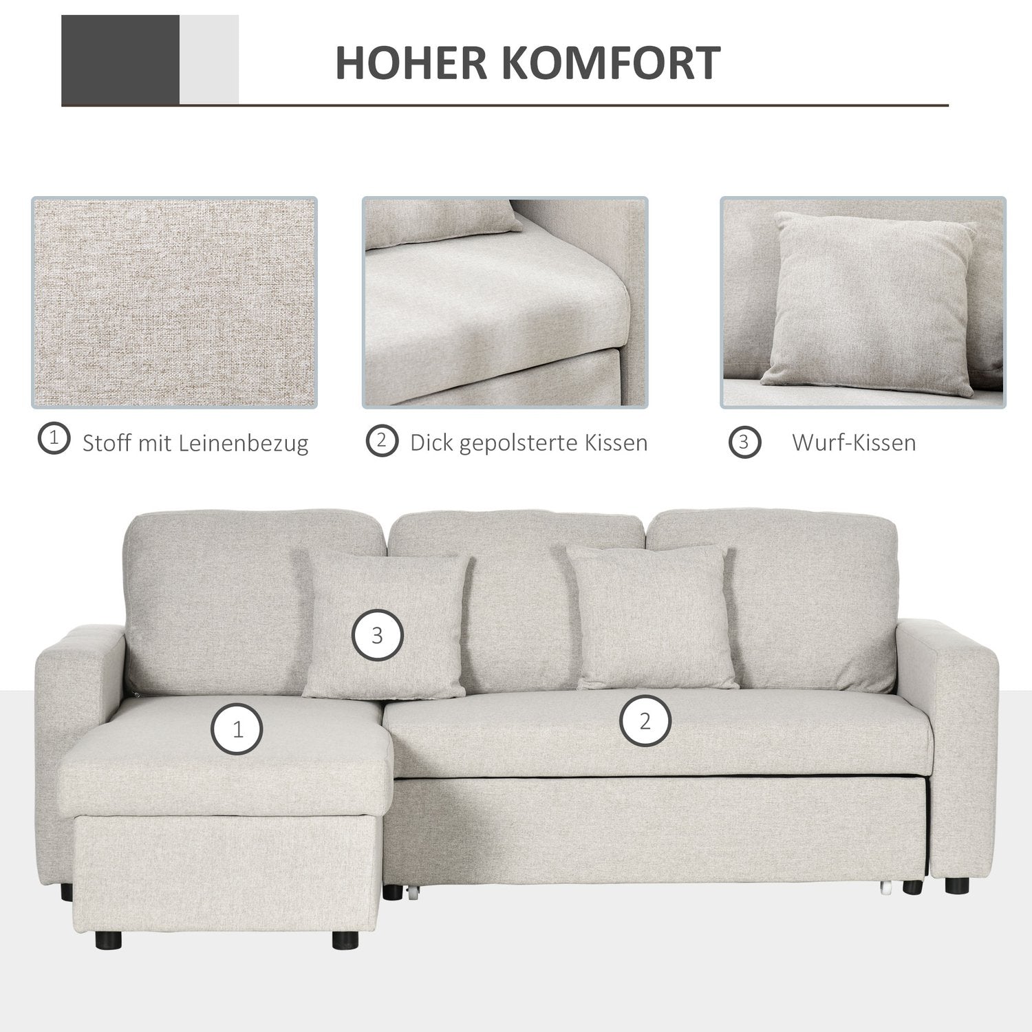 Hörnsoffa med sängfunktion, hörnsoffa inklusive 2-sits soffa, enkelsäng, L-form med förvaringsutrymme, 2 kuddar krämvita