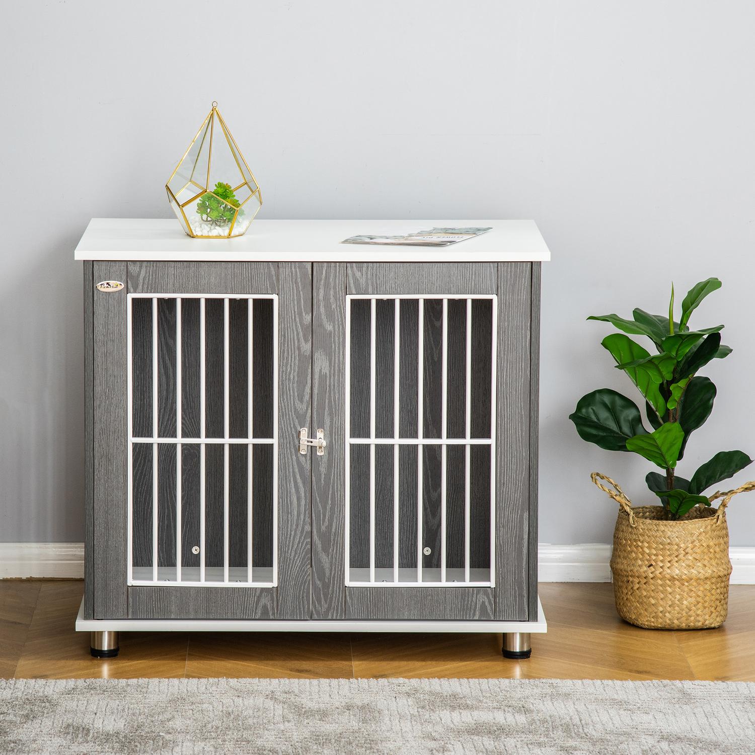 Hundkennel i trä med kudde och bordsskiva, grå/vit 85x55x75cm