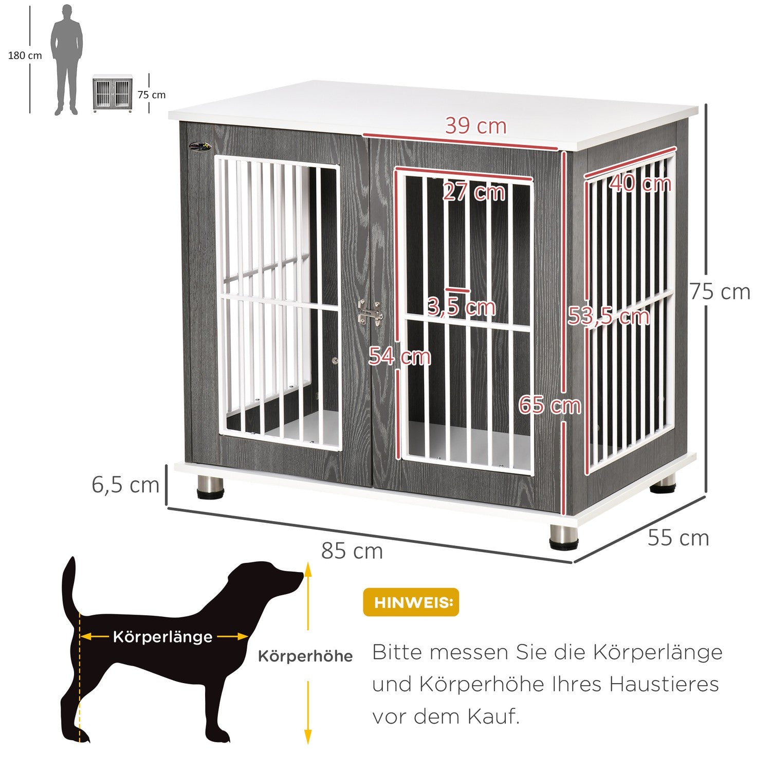 Hundkennel i trä med kudde och bordsskiva, grå/vit 85x55x75cm