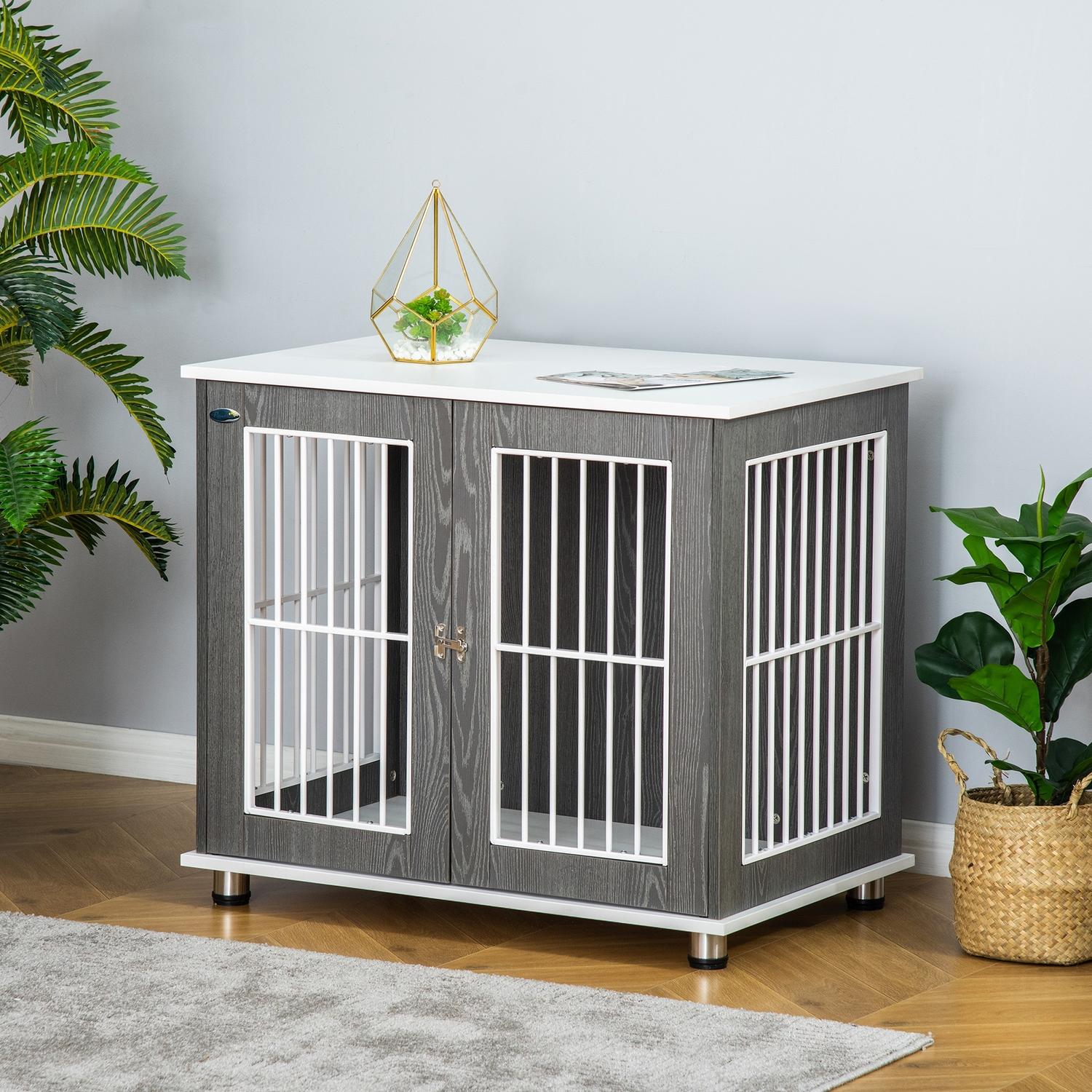 Hundkennel i trä med kudde och bordsskiva, grå/vit 85x55x75cm