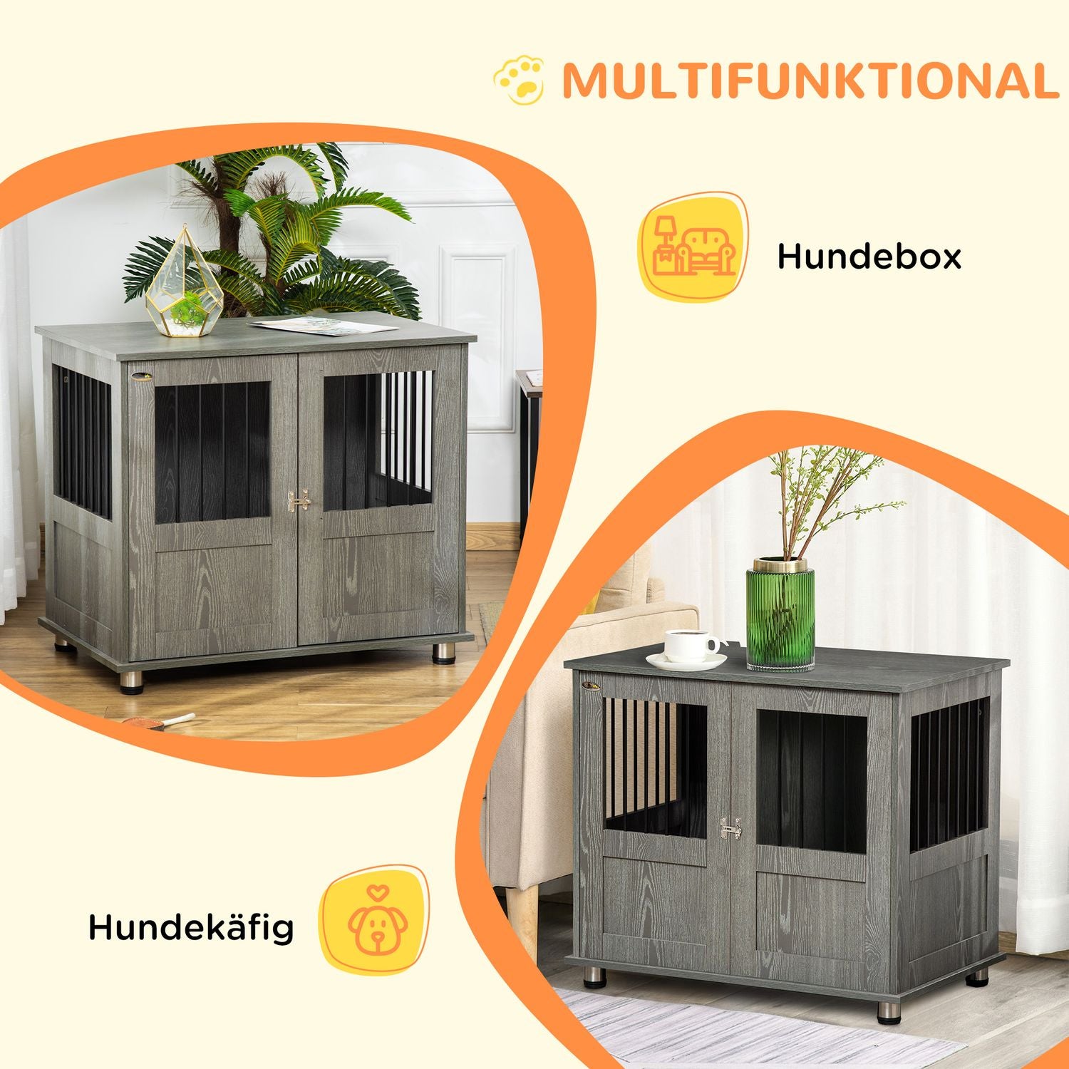 Hundkennel inomhus med Lås & Fönster, Grå, 85x55x87 cm