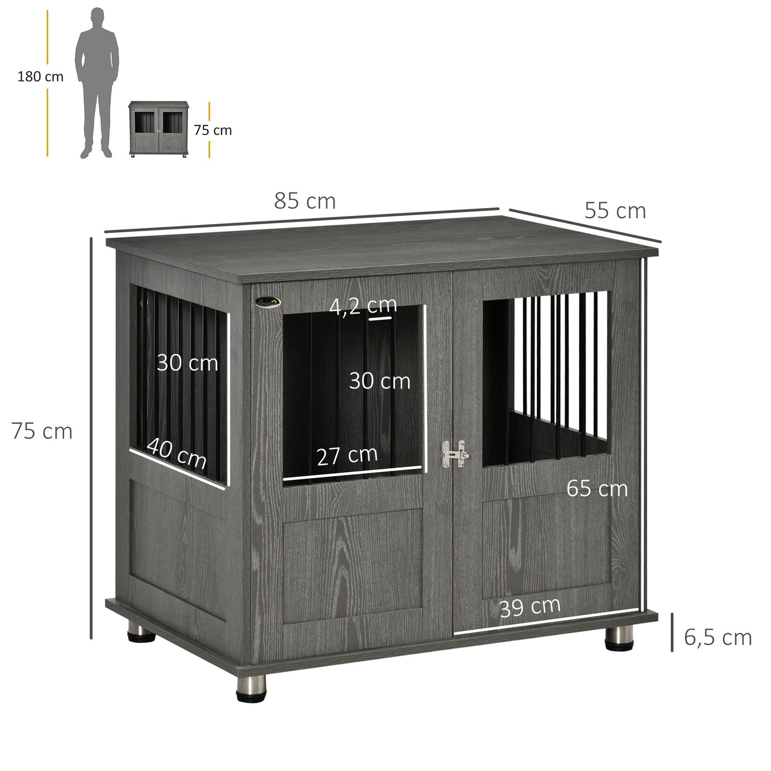 Hundkennel inomhus med Lås & Fönster, Grå, 85x55x87 cm