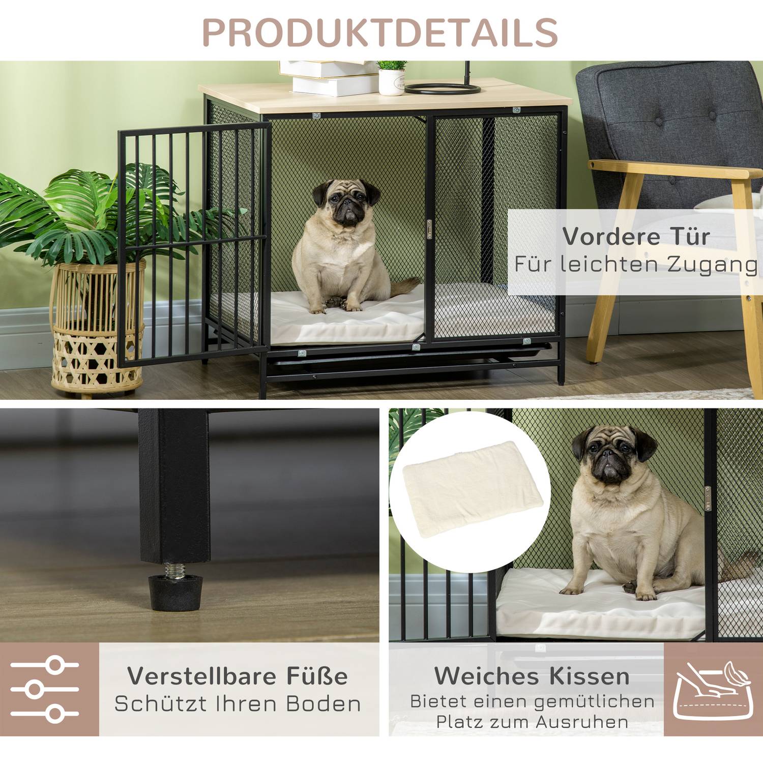 Hundbur med kudde, utdragbar bricka, ek & svart, 80x55x71 cm