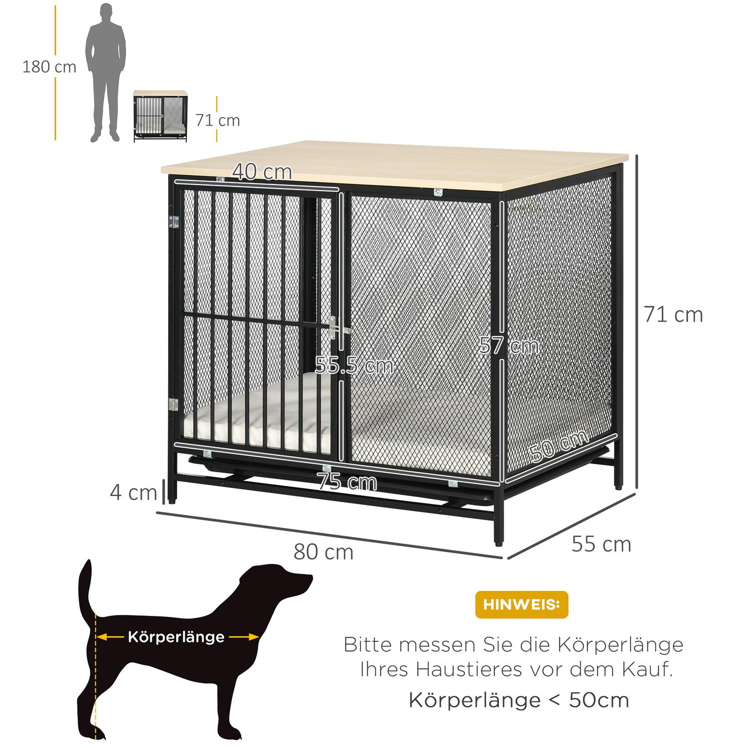 Hundbur med kudde, utdragbar bricka, ek & svart, 80x55x71 cm