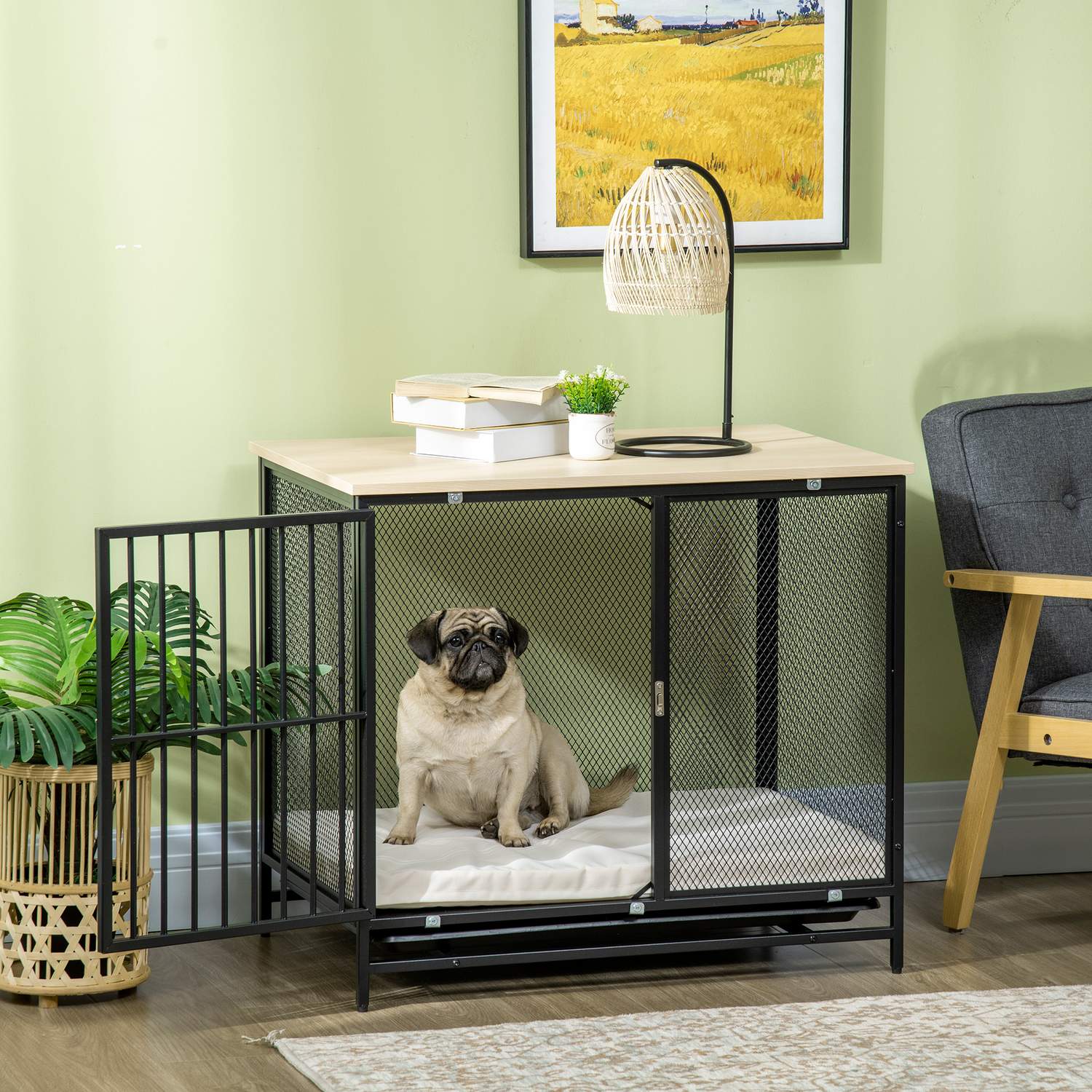 Hundbur med kudde, utdragbar bricka, ek & svart, 80x55x71 cm