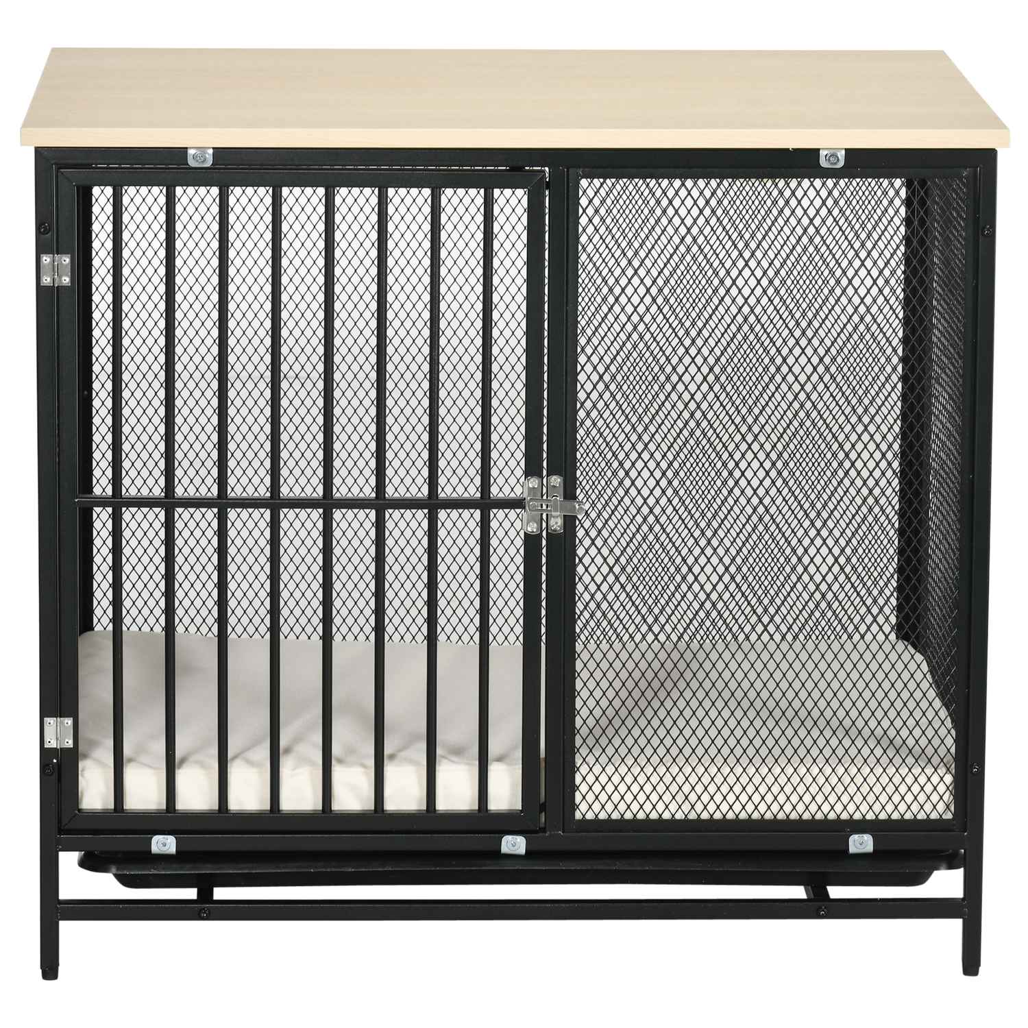 Hundbur med kudde, utdragbar bricka, ek & svart, 80x55x71 cm