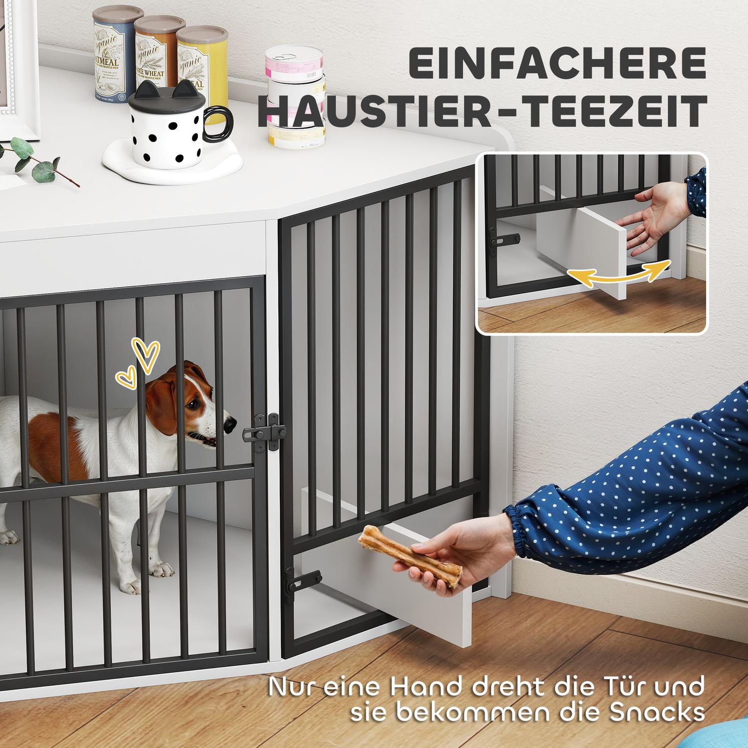 Hundbur med matningsdörr, MDF och metall, vit