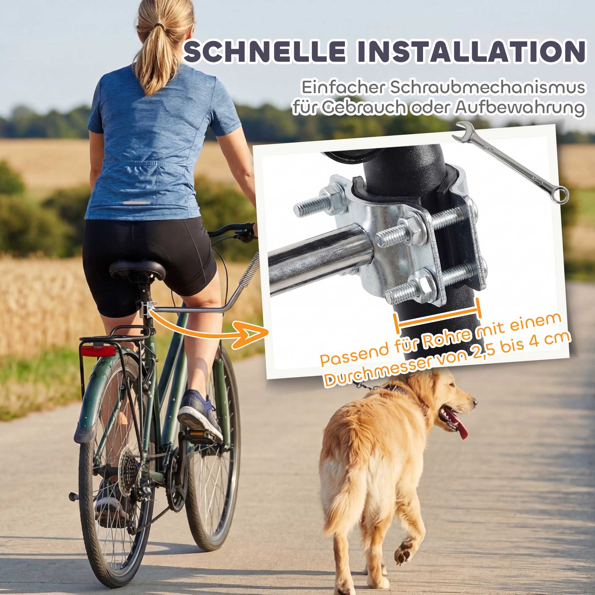 Hundcykelkoppel med stötdämpare, justerbart, silver/svart