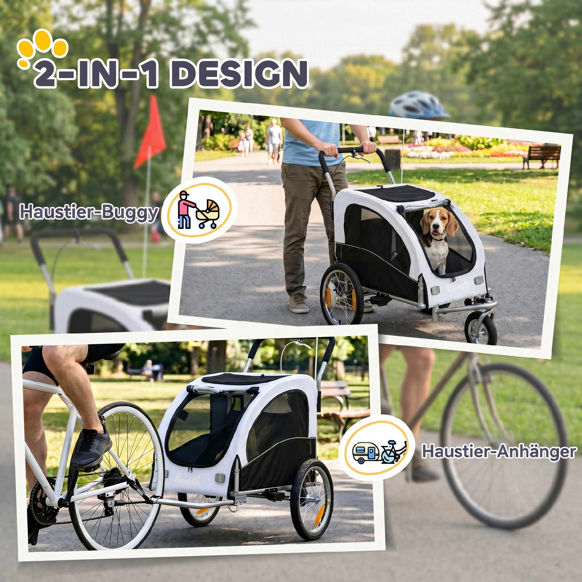 Hundcykelkärra/barnvagn, 2-i-1, Upp till 20 kg, Vit