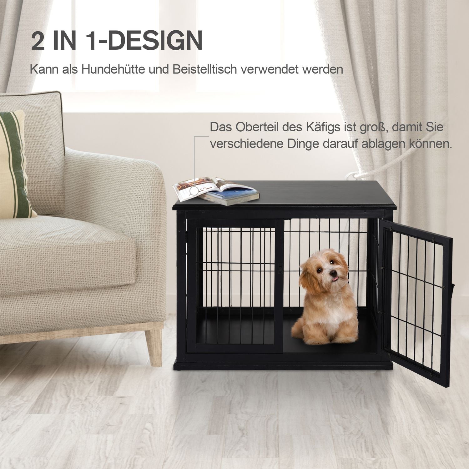 Hundhus inomhus med bordsskiva – Svart, 81x58,5x66 cm