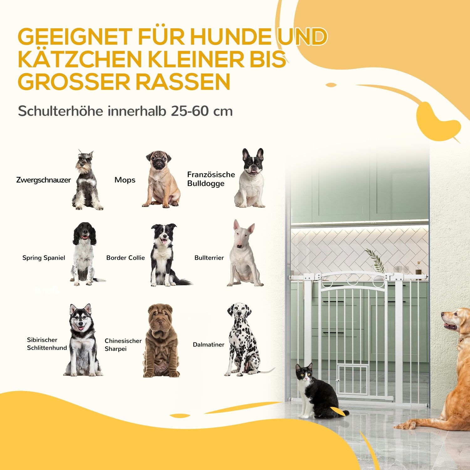 Hundskyddsgrind med kattdörr, Justerbar 76-104 cm, Borrfritt stål