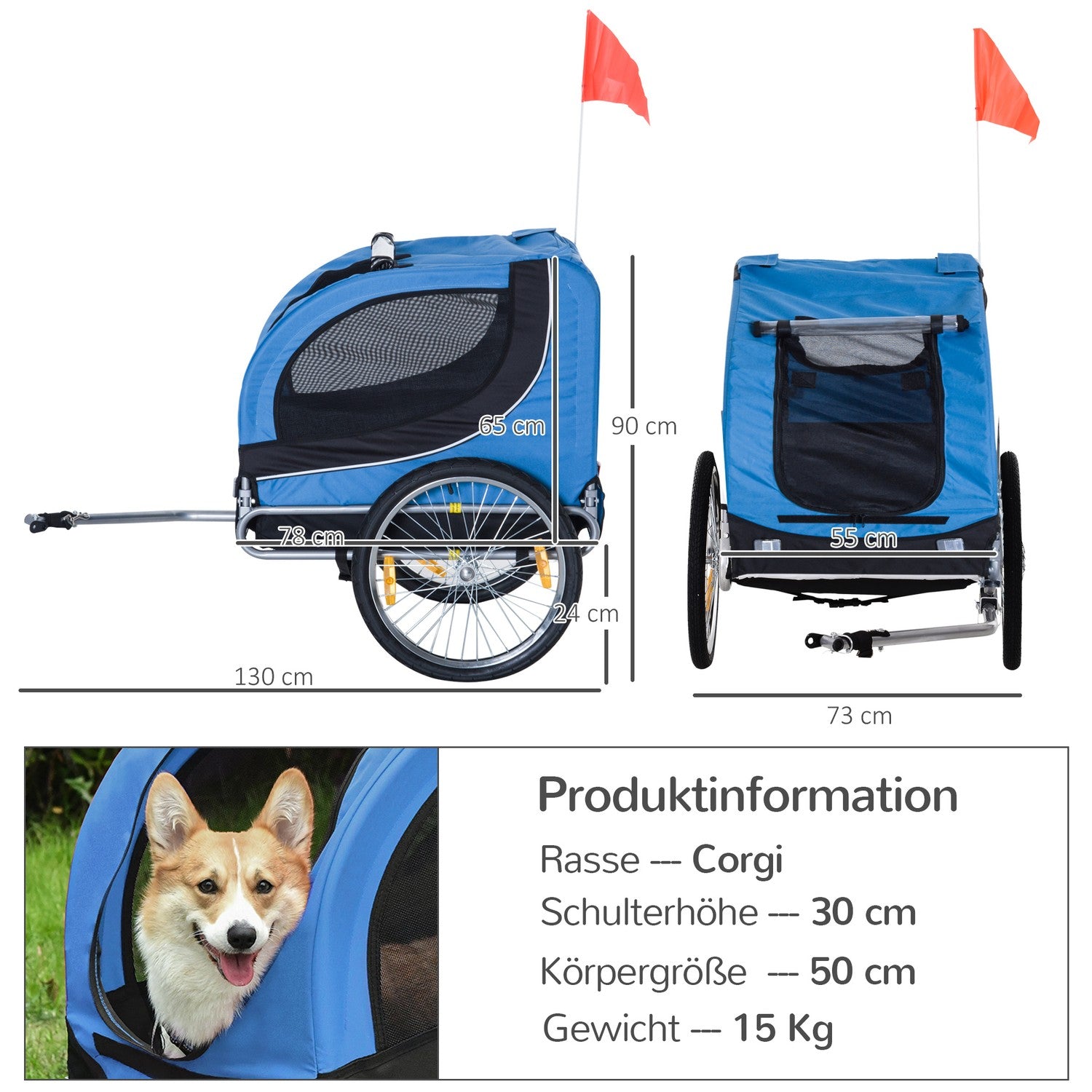 Hundcykelvagn, Blå/Svart, 130x73x90cm Transporter