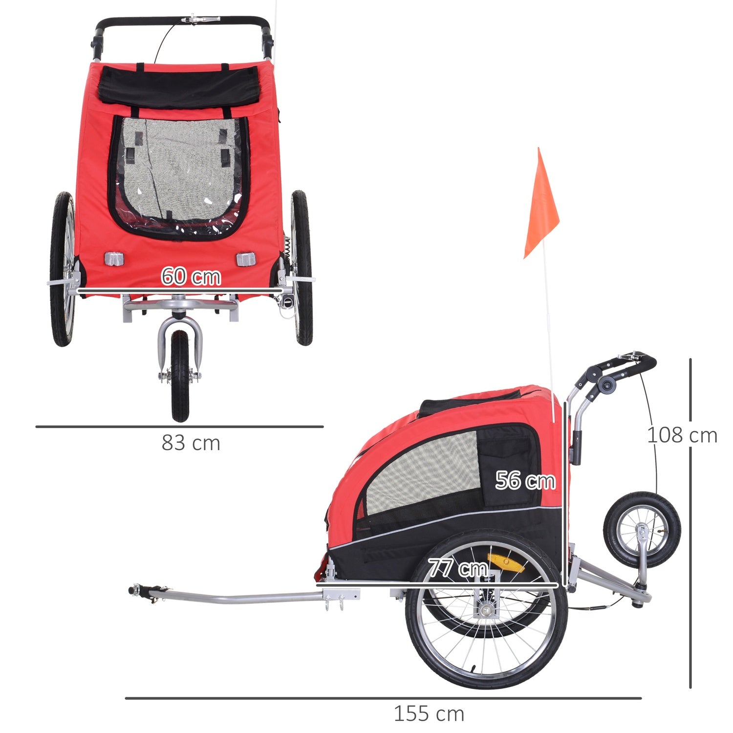 Hundcykelvagn – Röd & Svart, 155 x 83 x 108 cm