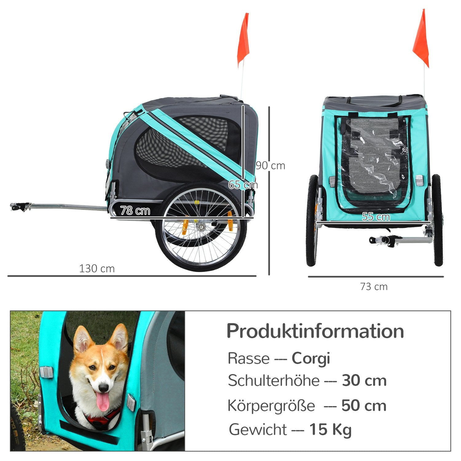 Hundcykelvagn – Grön, Oxford-tyg, regnskydd, 130x73x90cm