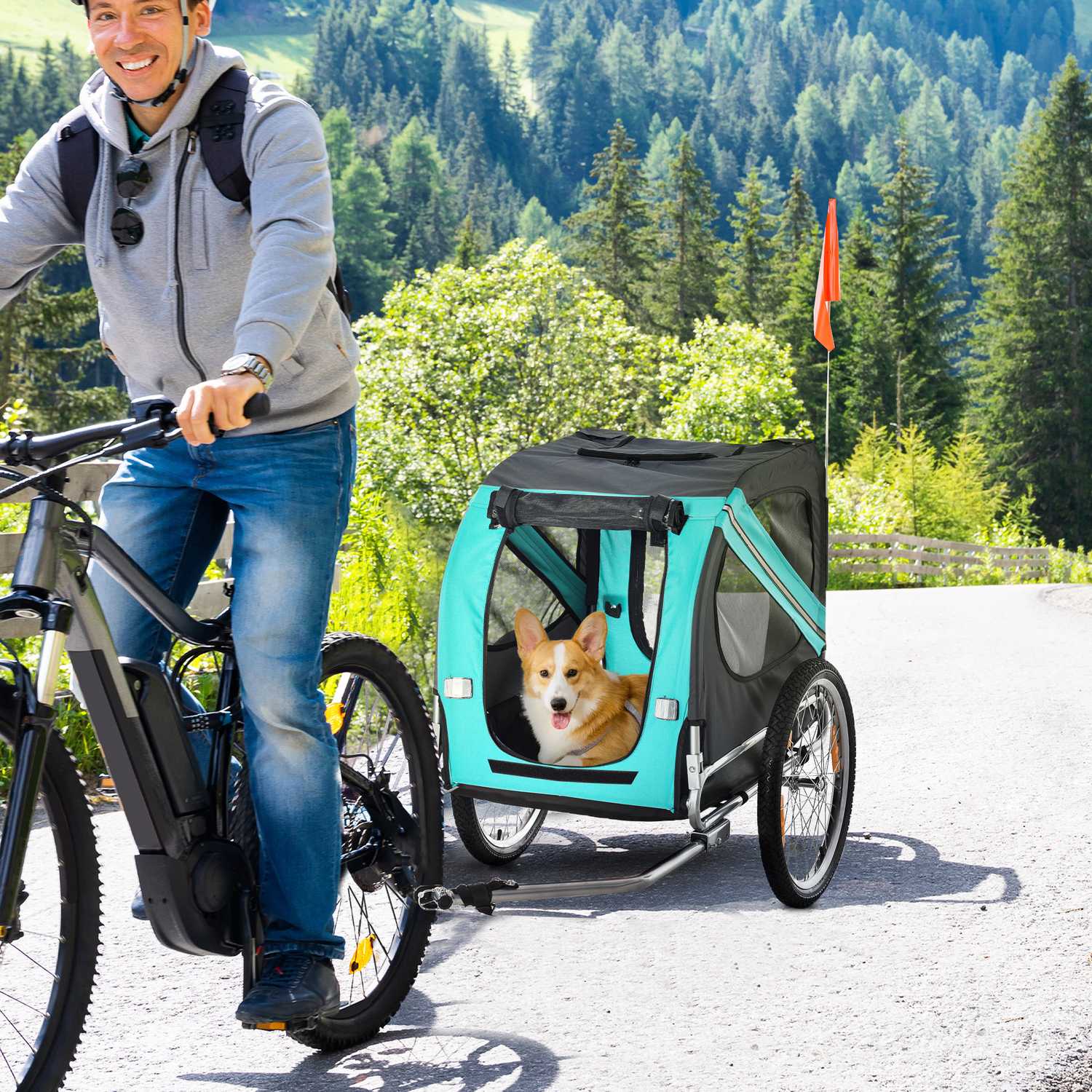 Hundcykelvagn – Grön, Oxford-tyg, regnskydd, 130x73x90cm