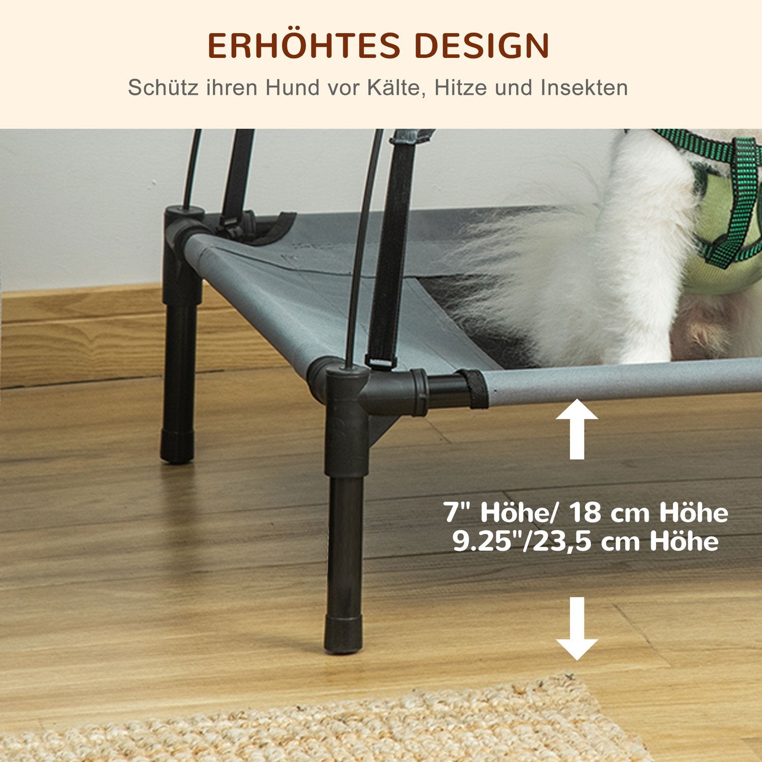 Hundsäng utomhus med baldakin, förhöjd och andas, grå