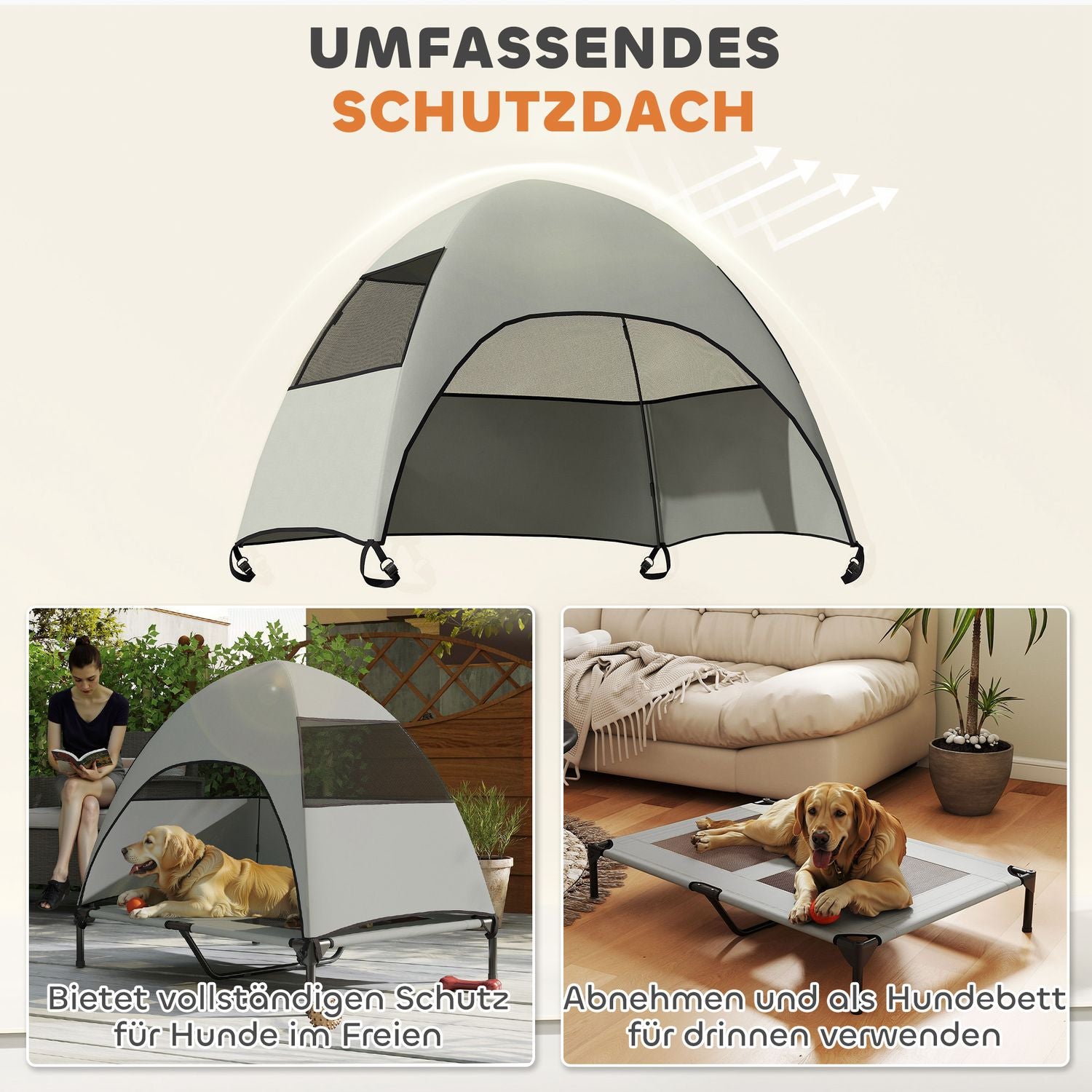 Utomhus förhöjd hundsäng med tak, kylnät, stor