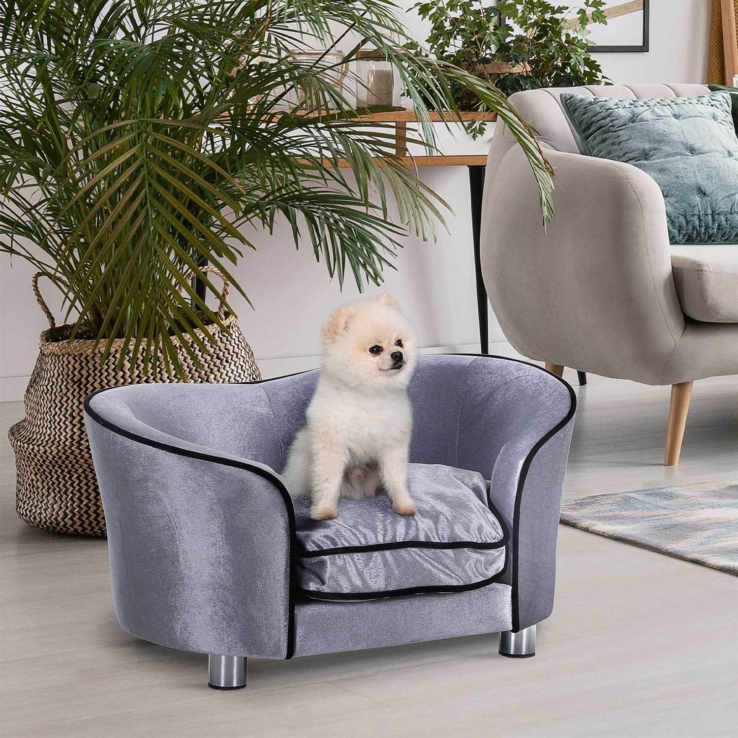 Lyxig plysch soffa för husdjur med kudde, grå – 69x49x38 cm