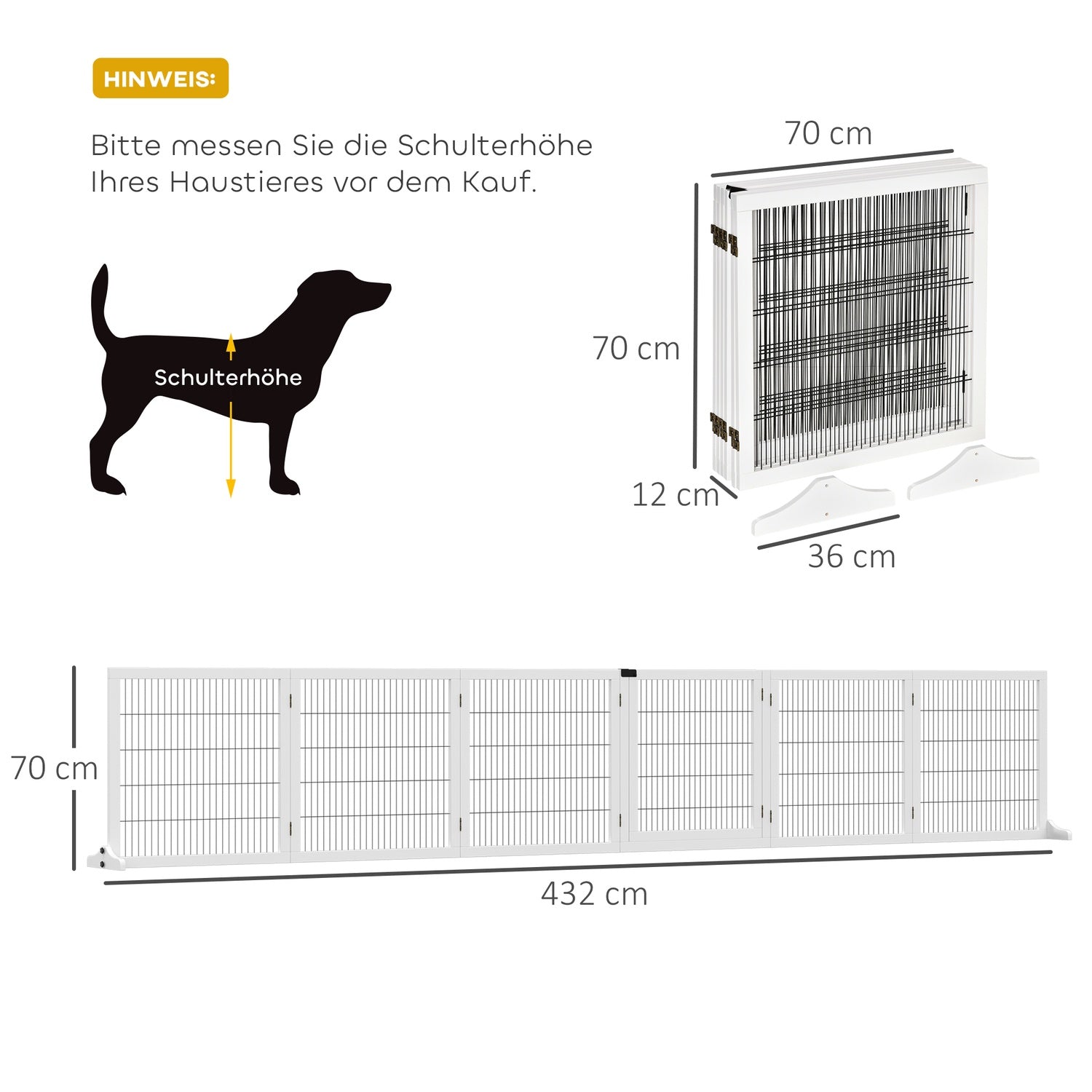 Justerbar hundgrind i trä – 6 paneler, vit, 432 x 70 cm