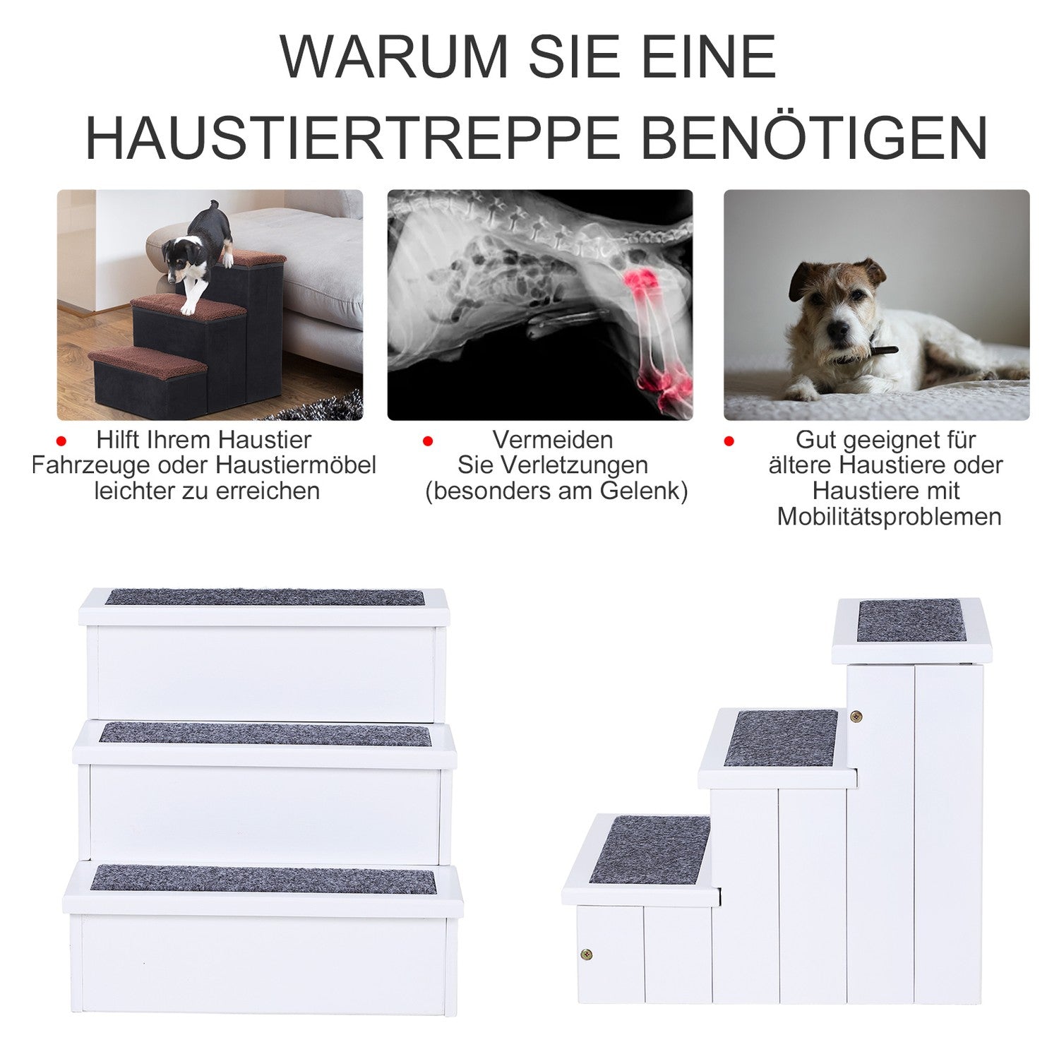 Husdjurstrappor med matta & förvaring, furu, vit